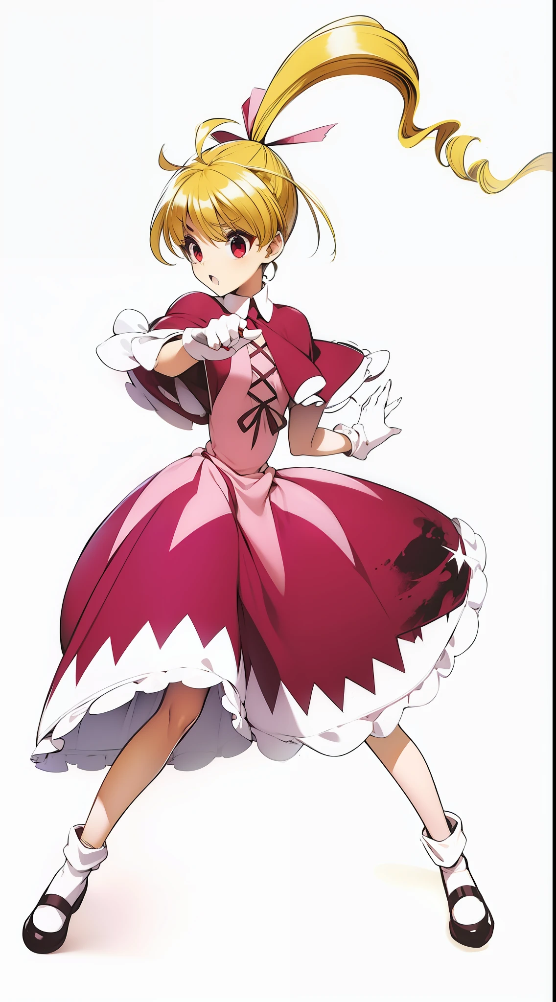 Yellow ponytail hair,red eyes,