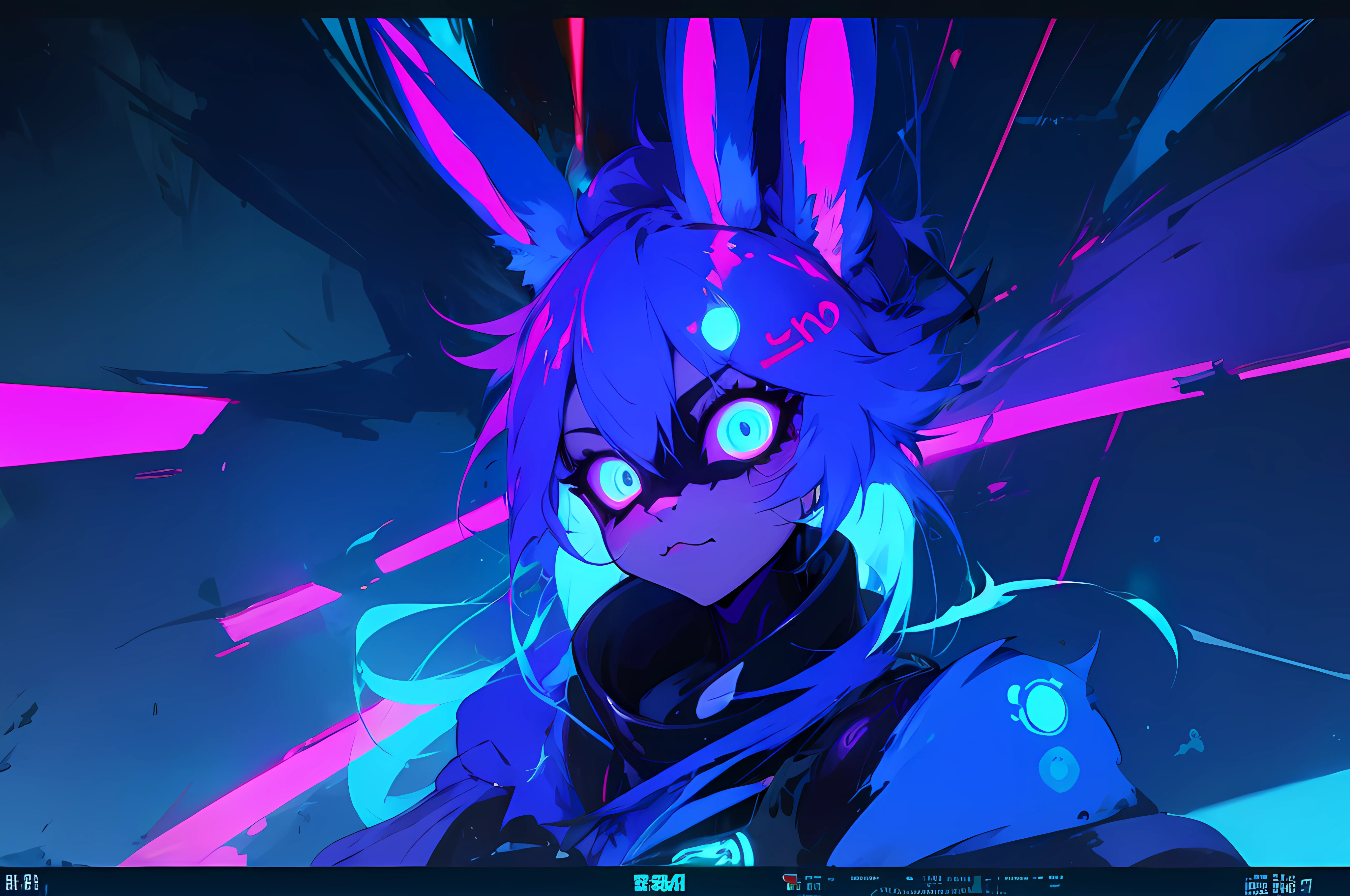 (vintage vhs), (crt screenshot), (Zen, Amy Sol style), (((blue anthro kemono furry rabbit))), underground cavern shining flashlight in old ruins, scene from a show about a blue anthro furry kemono rabbit who investigates deep space crime, (vast decrepit scenery:1.2) blame! style, nightmarish illustration, glowing eyes everywhere, intense eye contact, hybrid human / anthro, electrixbunny, rabbit anthro portrait, ((portrait)), bunnypunk, weirdcore voidpunk fursona, wearing bunny ears, cover art with light abstraction, abstract, simple vector art, contemporary Cybernetic art, color gradients, soft color palettes, layered forms, whimsical animation, style Ethereal abstract, 4K, , anime character with futuristic hair and glowing eyes in a dark room, digital cyberpunk anime art, anime style 4 k, digital cyberpunk - anime art, anime mecha aesthetic, digital cyberpunk anime!!, anime cyberpunk art, fully robotic!! catgirl, hyper concept art, cyberpunk anime girl mech, portrait anime space cadet girl, wearing cybernetic bunny ears --v6