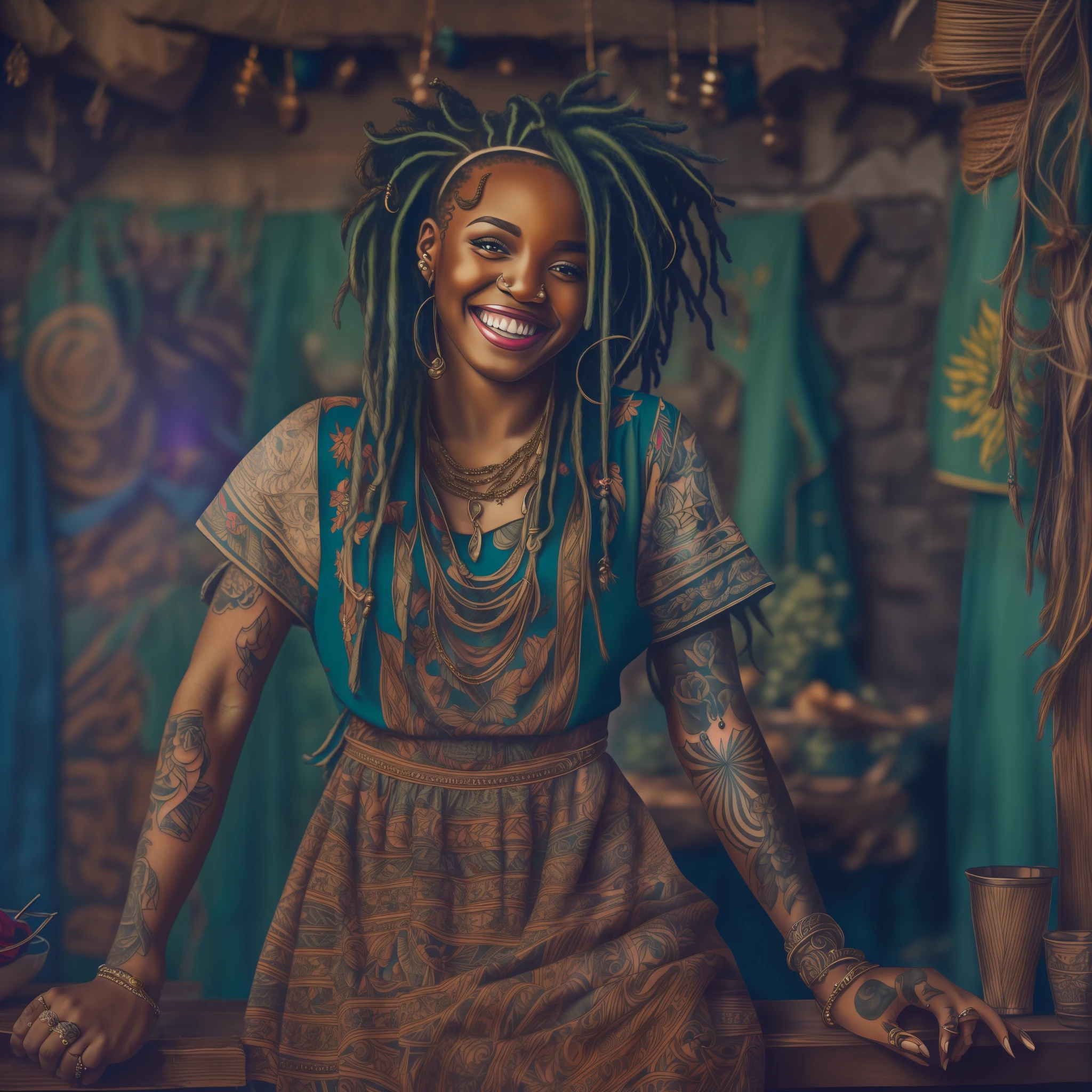 a portrait photo of a black girl, smiling, tattoo, blue dreads, (folk dress:1.3), Ukrainian short dress, pronounced feminine feature, insane details, intricate details, hyperdetailed, complex background, medieval tavern, indoors