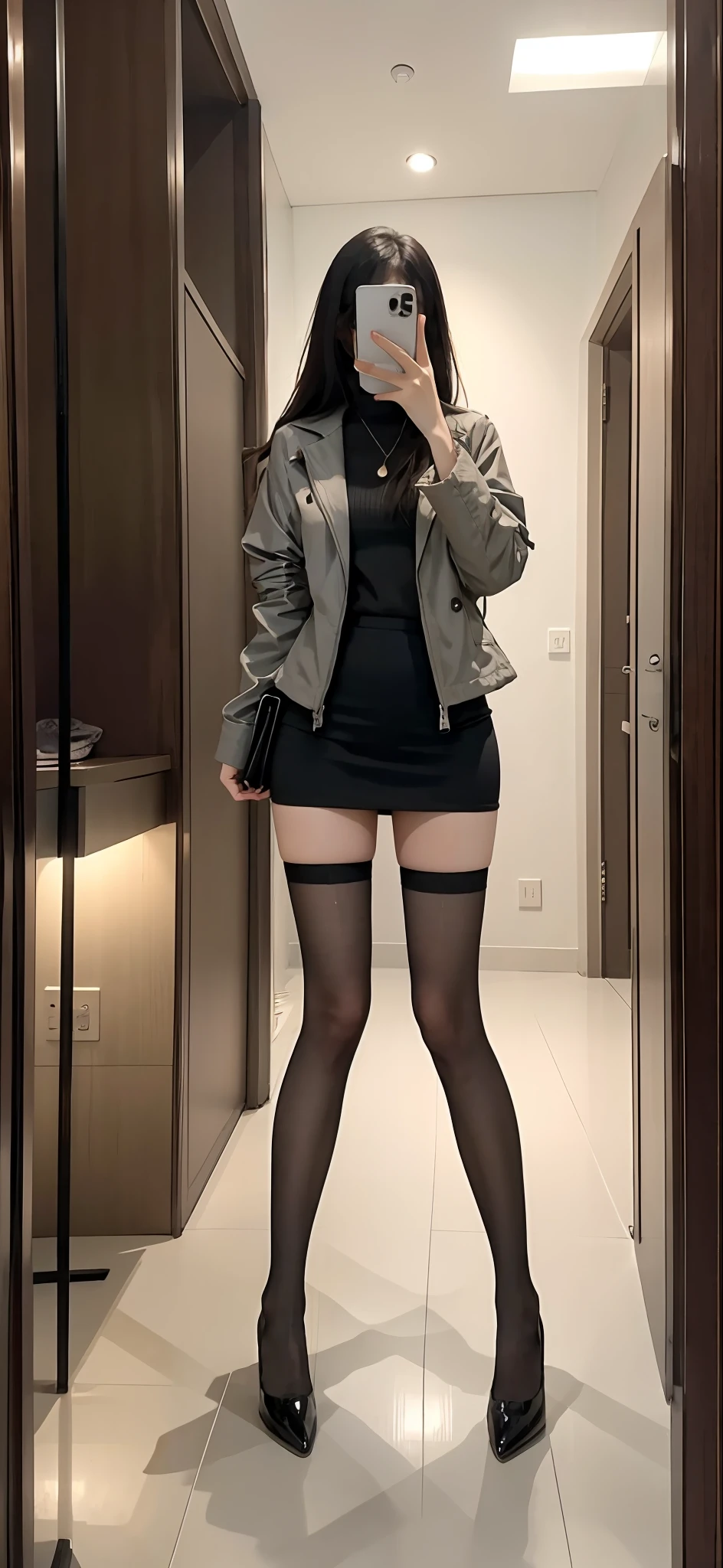 There is a woman in a short skirt and jacket taking pictures, thighhighs and skirt, Full legs, wearing dresses, elegant legs, pretty face with arms and legs, very beautiful slim legs, Black skirt, Long legs, Long thin legs, short skirt and a long jacket, legs visible, cute elegant pose, mini-skirts, Miniskirt