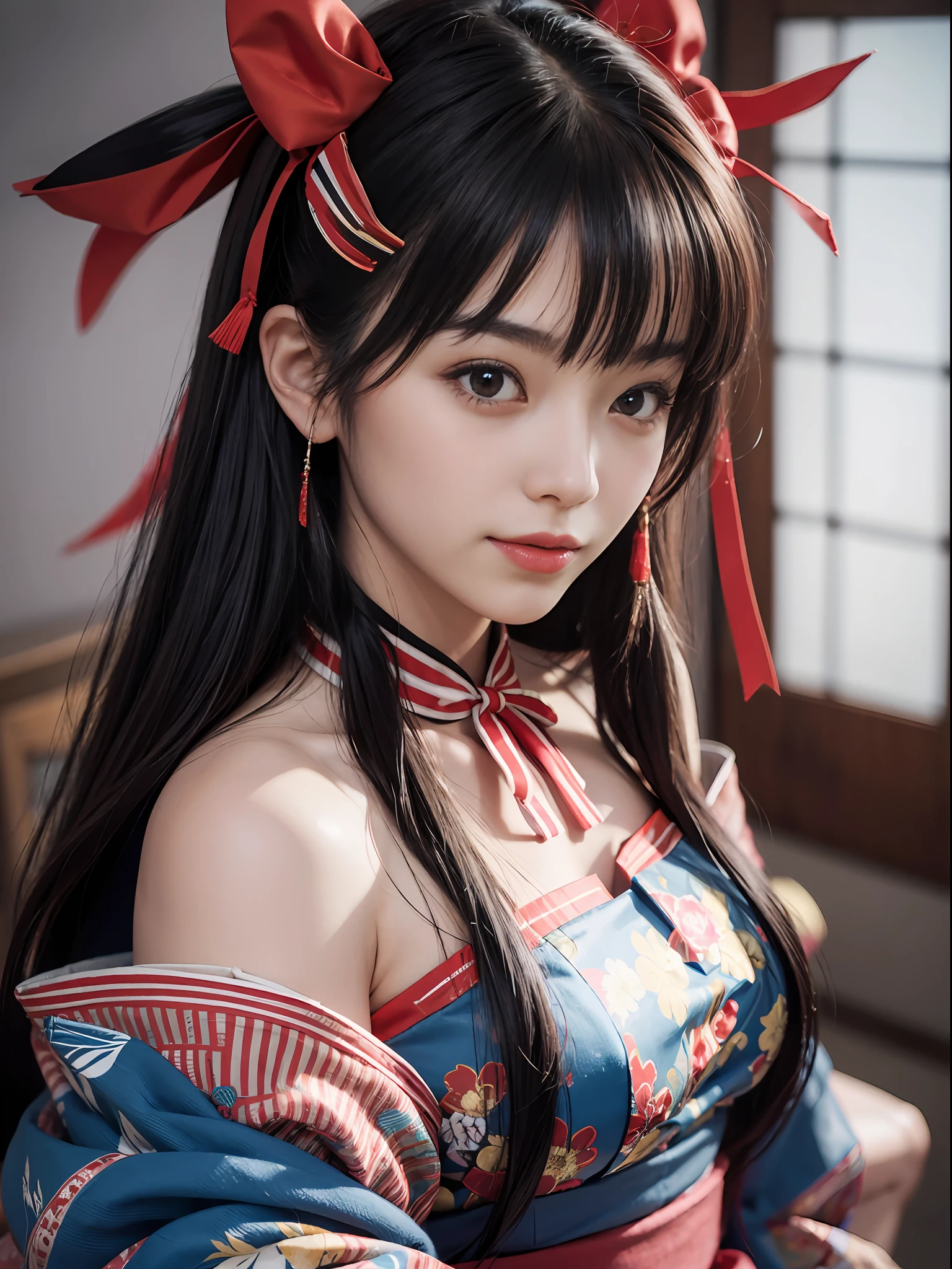 Unbeatable masterpiece, Ultra photo realsisim, Perfect artwork, Intricate details, Best quality, Strong light,High contrast, Masterpiece , Best quality , offcial art ,Extremely detailed Cg Unity 8K wallpaper ,1girll , Solo , Realistic , Makeup , A high resolution , full bodyesbian , view the viewer , Smile, bangs , Bare shoulders , Black hair ,crossed bangs , hair between eye , hair adornments ,Hair ribbon , Japanese style costume , komono , Long hair ,Mask , masks on head , cropped shoulders , partedlips , Red eyes , red kimono , Red ribbon ,ribbon , sash , sky , Solo , striped ribbon ,taihou \(Azul Ranell) , double tails , Very hairy , Wide sleeves , (Shiny skin) ,