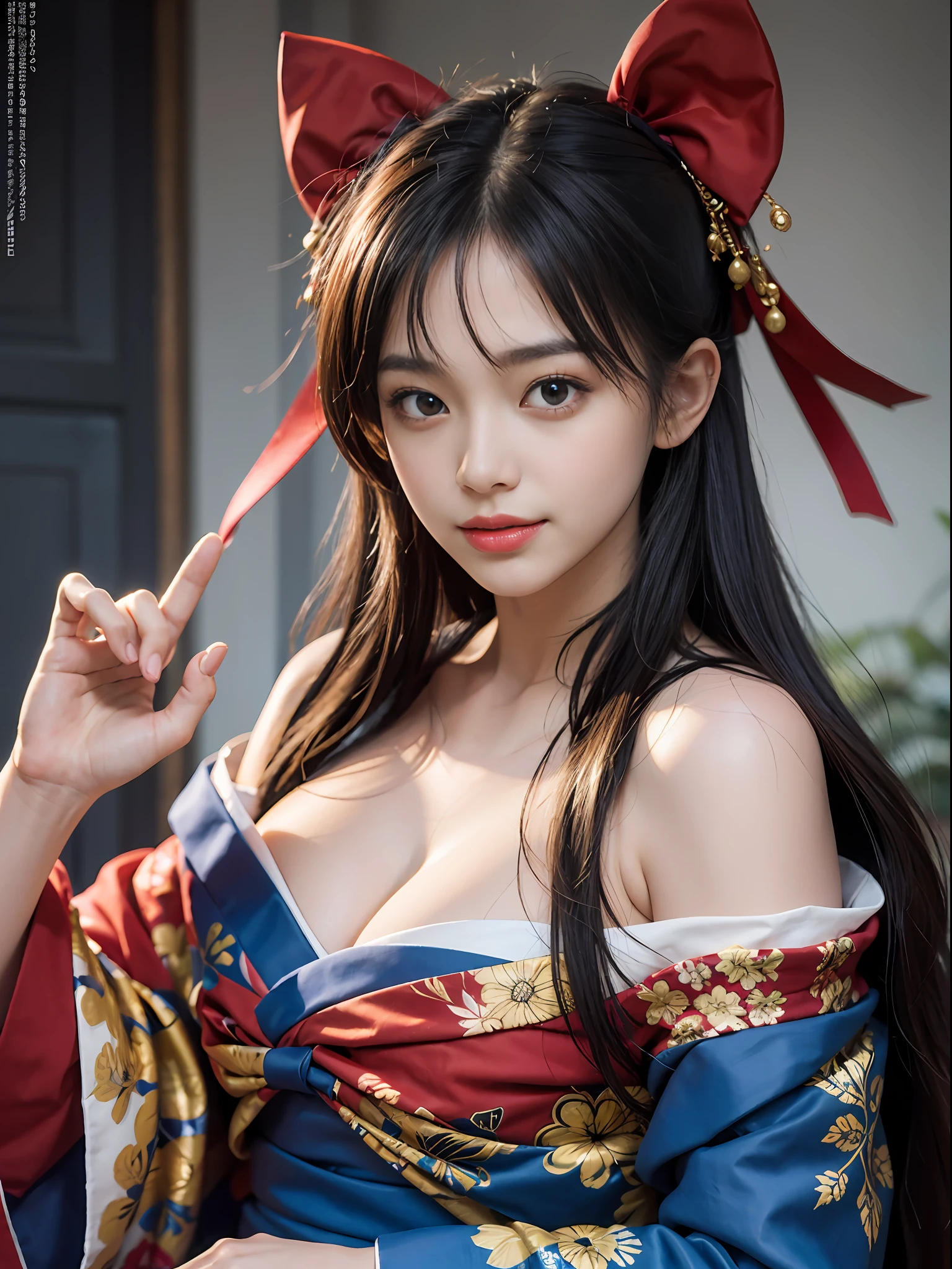 Unbeatable masterpiece, Ultra photo realsisim, Perfect artwork, Intricate details, Best quality, Strong light,High contrast, Masterpiece , Best quality , offcial art ,Extremely detailed Cg Unity 8K wallpaper ,1girll , Solo , Realistic , Makeup , A high resolution , full bodyesbian , view the viewer , Smile, bangs , Bare shoulders , Black hair ,crossed bangs , hair between eye , hair adornments ,Hair ribbon , Japanese style costume , komono , Long hair ,Mask , masks on head , cropped shoulders , partedlips , Red eyes , red kimono , Red ribbon ,ribbon , sash , sky , Solo , striped ribbon ,taihou \(Rainel Blue) , double tails , Very hairy , Wide sleeves , (Shiny skin) ,