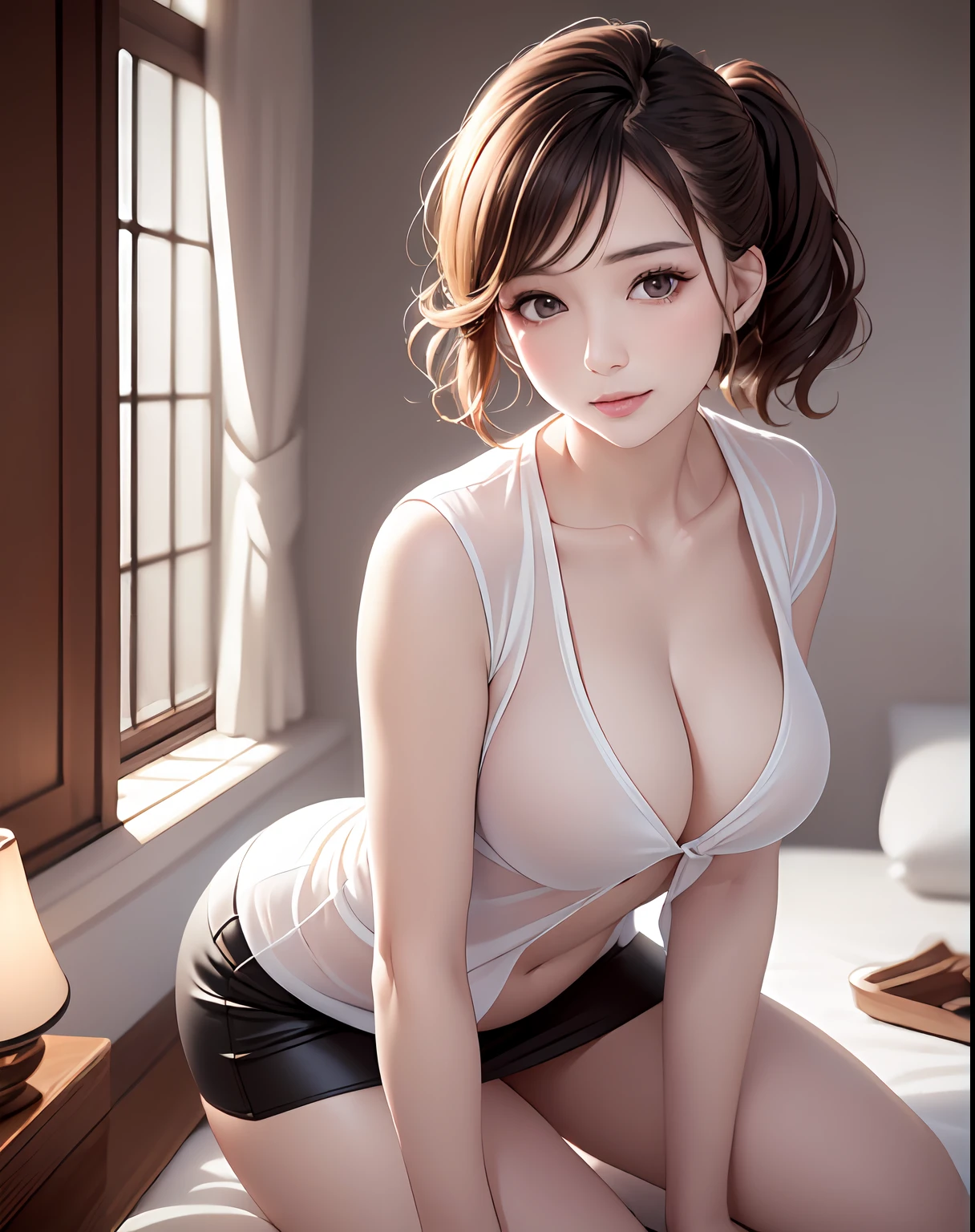 photographrealistic, (8k, Raw photo, Best Quality, masutepiece:1.2), high-definition RAW color photography, professional photograpy, Cowboy Shot, (Realistic, photographrealistic:1.37),Cinematic Light, (finery detailed face:1.2), Cowboy Shot, Girl with one thigh in the bath, 28〜38 years, Very cute, Very beautiful, photographrealistic, Event Companion, BREAK, White oily skin, Real Human Skin, (Detailed face), oval-face, pores, Round eyes:1.0, 超A high resolution, BREAK, slim, (Medium - large breasts:1.37, cleavage:1.37), (Look straight at the viewer with calm, goddess-like happiness:1.2), (Lifter Gloss, Eyelashes, gloss-face, Best Quality, 超A high resolution, Broad lighting, Natural Shading), (beautiful thin short hair, Wavy ponytail hairstyles:1.5, glossy dark hair:1.5), BREAK, (esthetician uniform:1.3, White shirt;1.3, Open Shirt:1.3, Ken Length Pencil Skirt:1.3), BREAK, ((Detailed bedroom view:1.3, on the beds:1.3, Night room:1.5)), ((lightsmile, Open mouth:1.5, a sultry, in heat, blush, Seductive emotions, agitation)), ((From below:1.3, all-fours:1.3, Kneeling:1.3, Hands between legs, Leaning forward)), Blurry background, Bokeh, depth of fields, Cowboy Shot:1.3, Centered image,