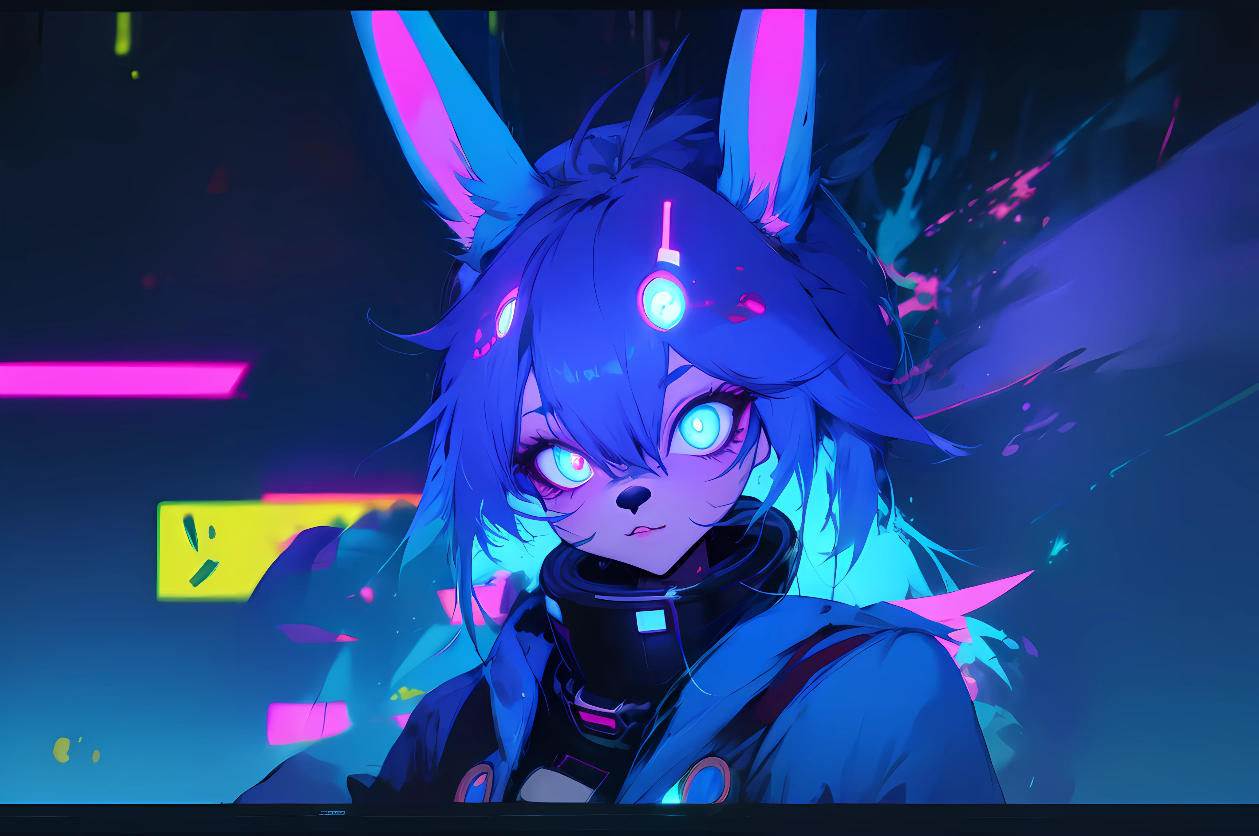 (vintage vhs), (crt screenshot), (Zen, Amy Sol style), (((blue anthro kemono furry rabbit))), underground cavern shining flashlight in old ruins, scene from a show about a blue anthro furry kemono rabbit who investigates deep space crime, (vast decrepit scenery:1.2) blame! style, nightmarish illustration, glowing eyes everywhere, intense eye contact, hybrid human / anthro, electrixbunny, rabbit anthro portrait, ((portrait)), bunnypunk, weirdcore voidpunk fursona, wearing bunny ears, cover art with light abstraction, abstract, simple vector art, contemporary Cybernetic art, color gradients, soft color palettes, layered forms, whimsical animation, style Ethereal abstract, 4K, , anime character with futuristic hair and glowing eyes in a dark room, digital cyberpunk anime art, anime style 4 k, digital cyberpunk - anime art, anime mecha aesthetic, digital cyberpunk anime!!, anime cyberpunk art, fully robotic!! catgirl, hyper concept art, cyberpunk anime girl mech, portrait anime space cadet girl, wearing cybernetic bunny ears --v6