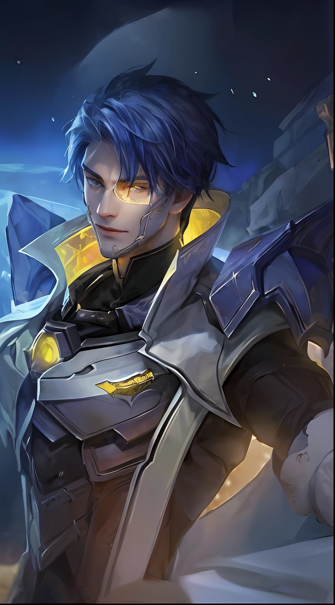(Absurdres, Intricate Details, Masterpiece, Best Quality, High Resolution, 8k), 1 male, thin, young, aged up, masked, finely detailed eyes and face, auburn low-fade hair, amber eyes, portrait,  looking at viewer, solo, half shot, detailed background, (light fantasy theme:1.1),  focusing, mercenary,  sunshine, floating scraps,  color plate armor, divine aura, bright realistic lighting, marble castle, intense atmosphere, circlet, coat of arms,  brazier,  , Depth of Field, VFX. White hair, blue eyes, remove glasses