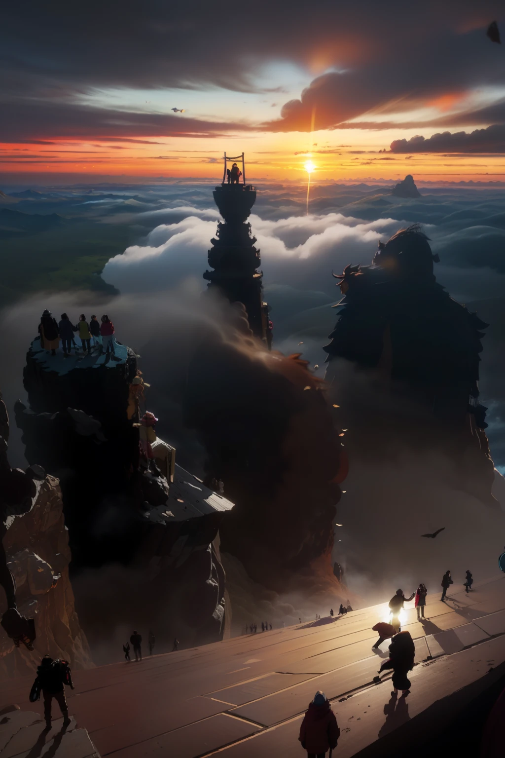 People rush out of the clouds and fall to the ground, and only the silhouette of people can be seen