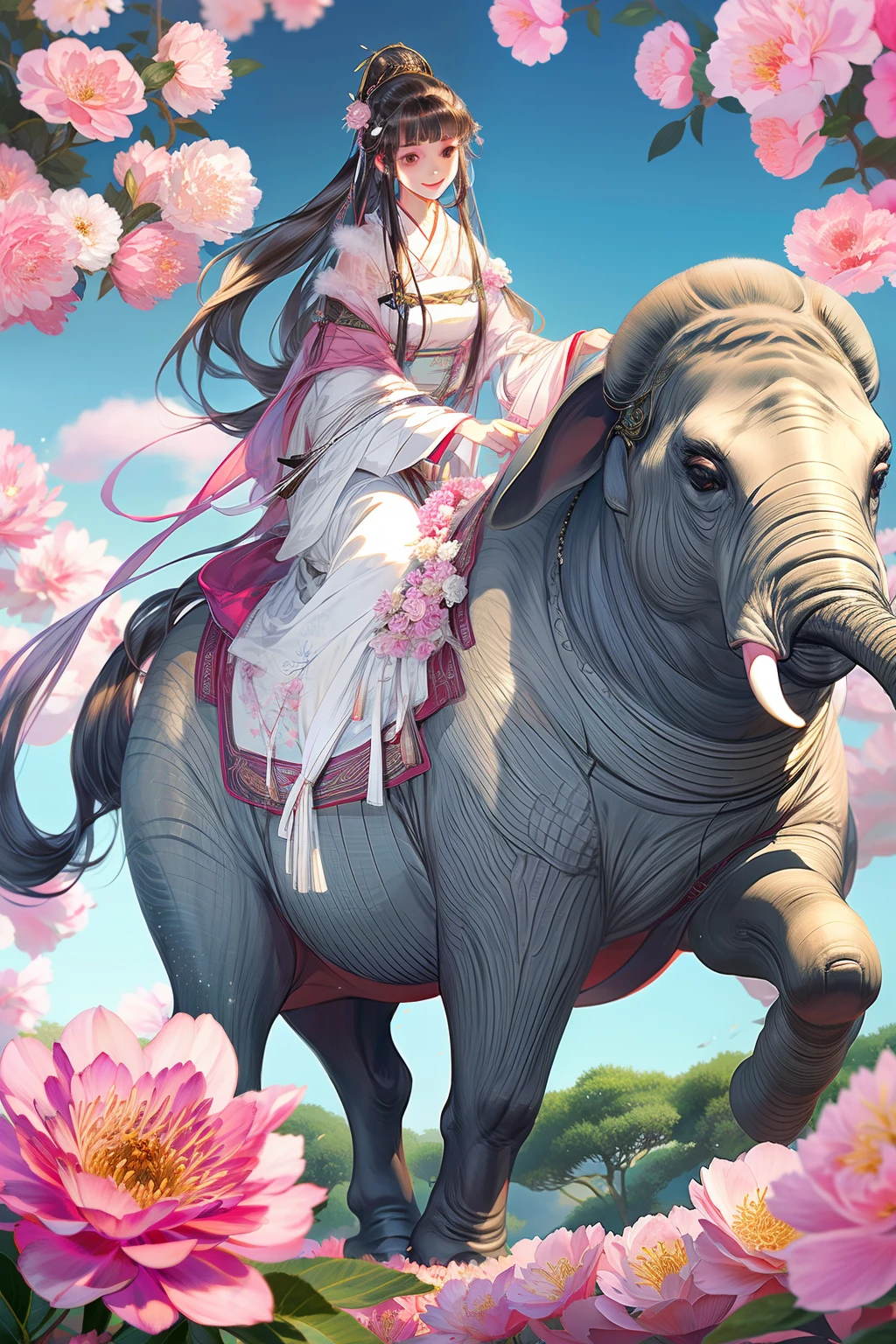 Movie Angle,(anatomy correct,Hanfu girl riding on a giant elephant,Masterpiece camellia,Representative works Hanfu,ssmile),Sea of flowers in the background,(illustratio,paper art,3Drenderingof),(plethora of colors,Best quality,high detal,tmasterpiece,Cinematic lighting effects,4K,Chiaroscuro