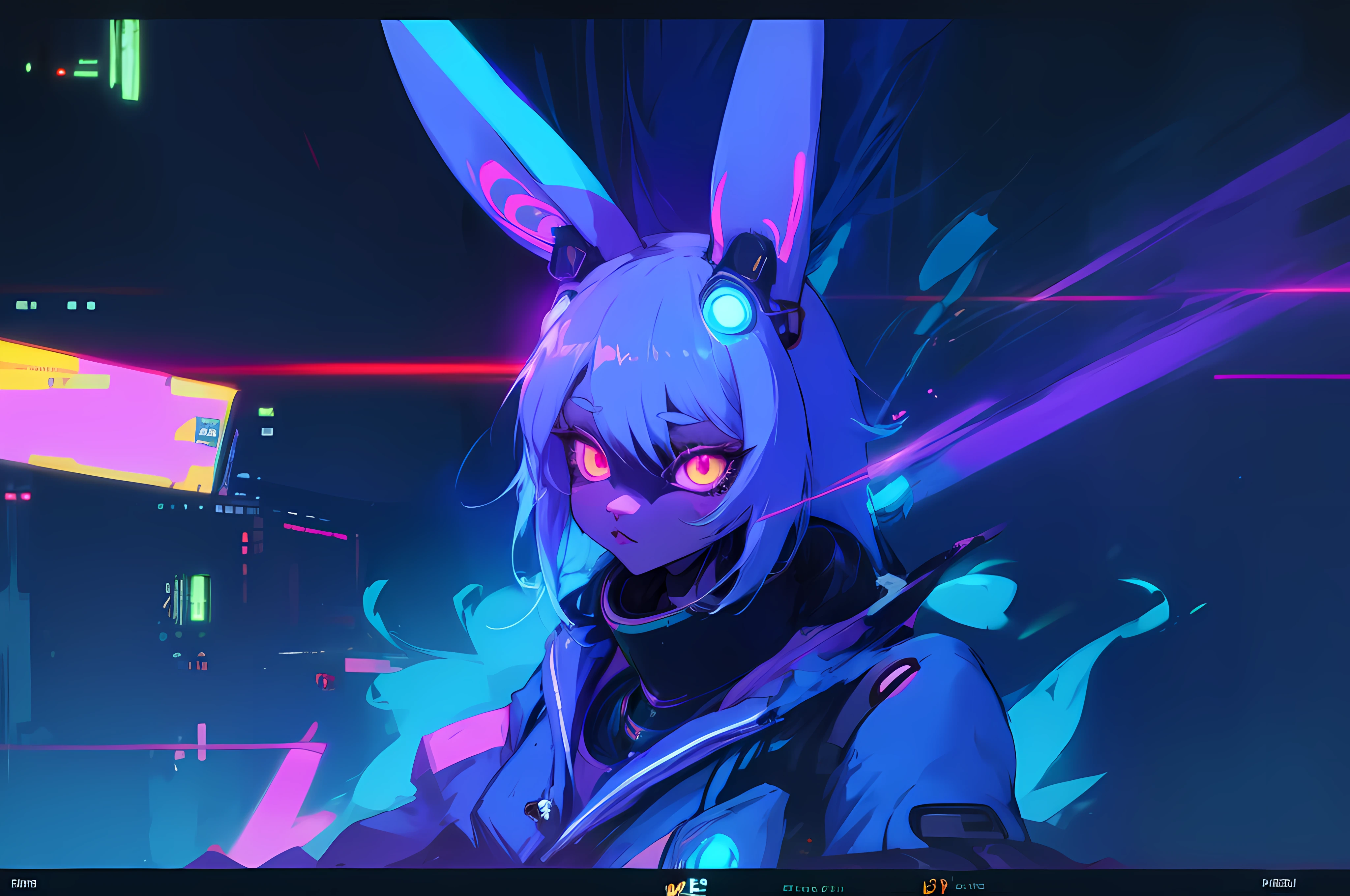 (vintage vhs), (crt screenshot), (Zen, Amy Sol style), (((blue anthro kemono furry rabbit))), underground cavern shining flashlight in old ruins, scene from a show about a blue anthro furry kemono rabbit who investigates deep space crime, (vast decrepit scenery:1.2) blame! style, nightmarish illustration, glowing eyes everywhere, intense eye contact, hybrid human / anthro, electrixbunny, rabbit anthro portrait, ((portrait)), bunnypunk, weirdcore voidpunk fursona, wearing bunny ears, cover art with light abstraction, abstract, simple vector art, contemporary Cybernetic art, color gradients, soft color palettes, layered forms, whimsical animation, style Ethereal abstract, 4K, , anime character with futuristic hair and glowing eyes in a dark room, digital cyberpunk anime art, anime style 4 k, digital cyberpunk - anime art, anime mecha aesthetic, digital cyberpunk anime!!, anime cyberpunk art, fully robotic!! catgirl, hyper concept art, cyberpunk anime girl mech, portrait anime space cadet girl, wearing cybernetic bunny ears --v6