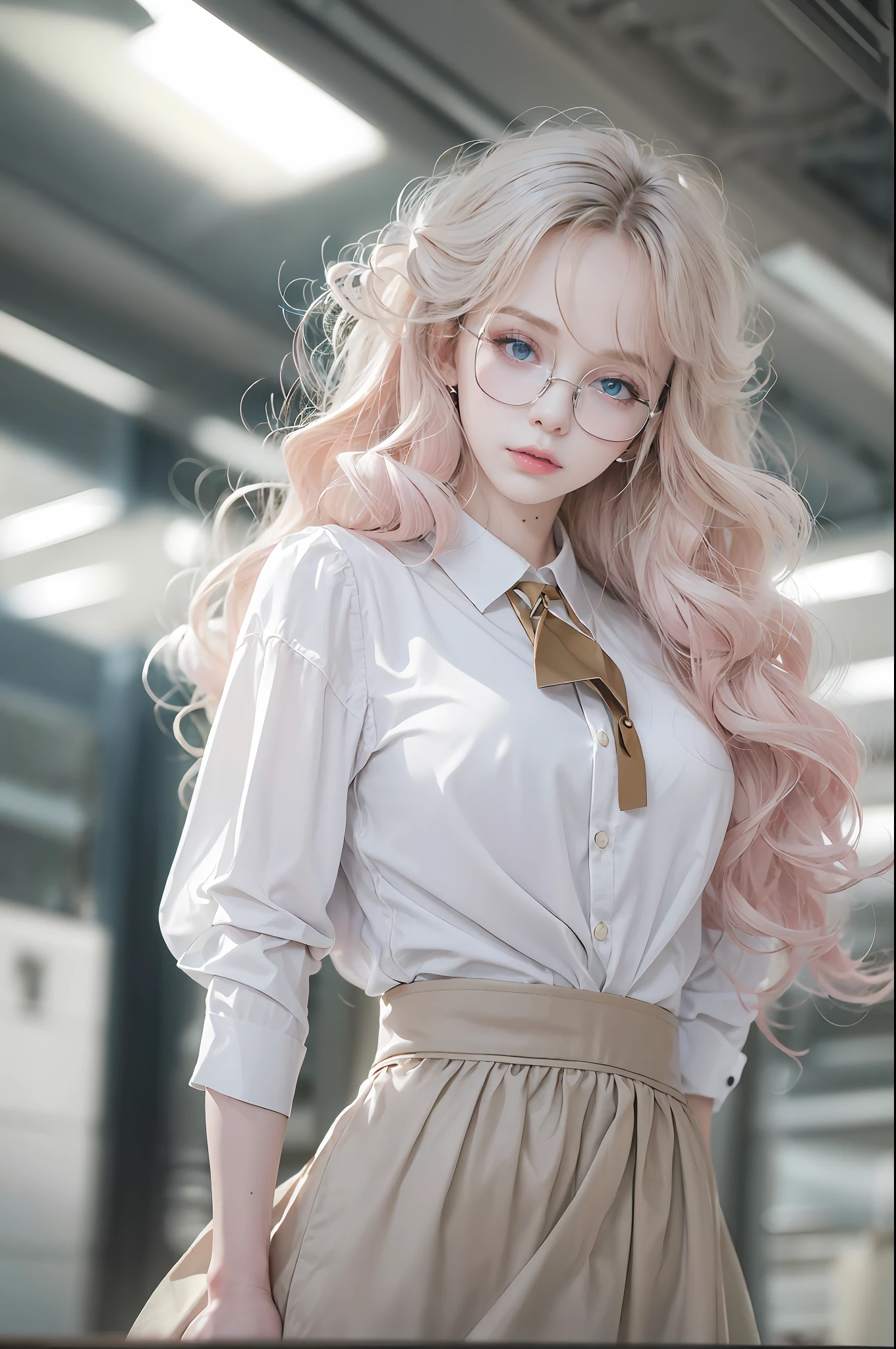 ((Realistic lighting, top-quality, 10, masterpiece: 1.3)), The lady is so cute.. She looks like she's showing off her body., 10, shooting imaging, master-piece, bestquality, dark gray background, ((1 blue-eyed girl and gorgeous pale pink rubbing long curly hair, She wears glasses on her beautiful face., White long skirt, Thin white shirt