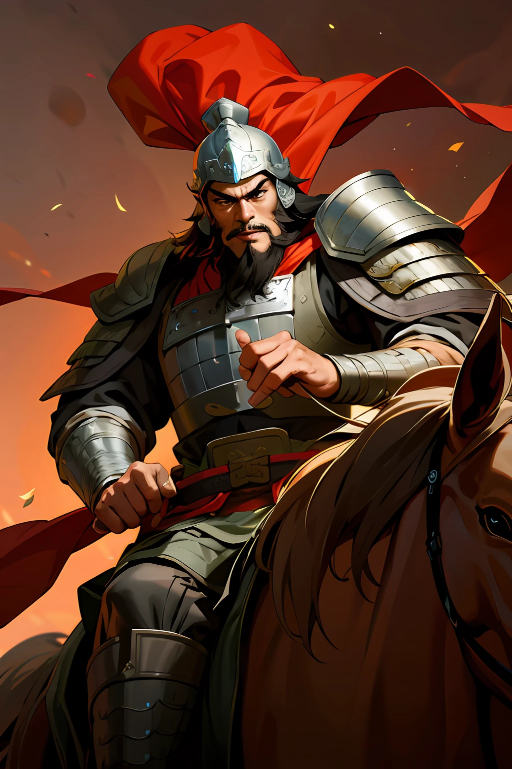 A man in armor rides on a horse,Have a beard, Bo Feng, Heroes of the Three Kingdoms,inspired by Zhu Derun, inspired by Wu Bin, feng shu, from three kingdoms, Chinese armor,inspired by Li Gonglin, inspired by Ma Shi,Liaohua