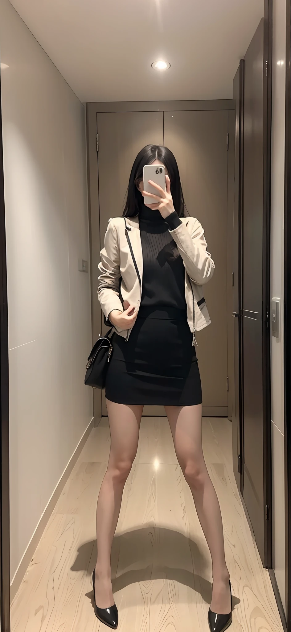 There is a woman in a short skirt and jacket taking pictures, thighhighs and skirt, Full legs, wearing dresses, elegant legs, pretty face with arms and legs, very beautiful slim legs, Black skirt, Long legs, Long thin legs, short skirt and a long jacket, legs visible, cute elegant pose, mini-skirts, Miniskirt