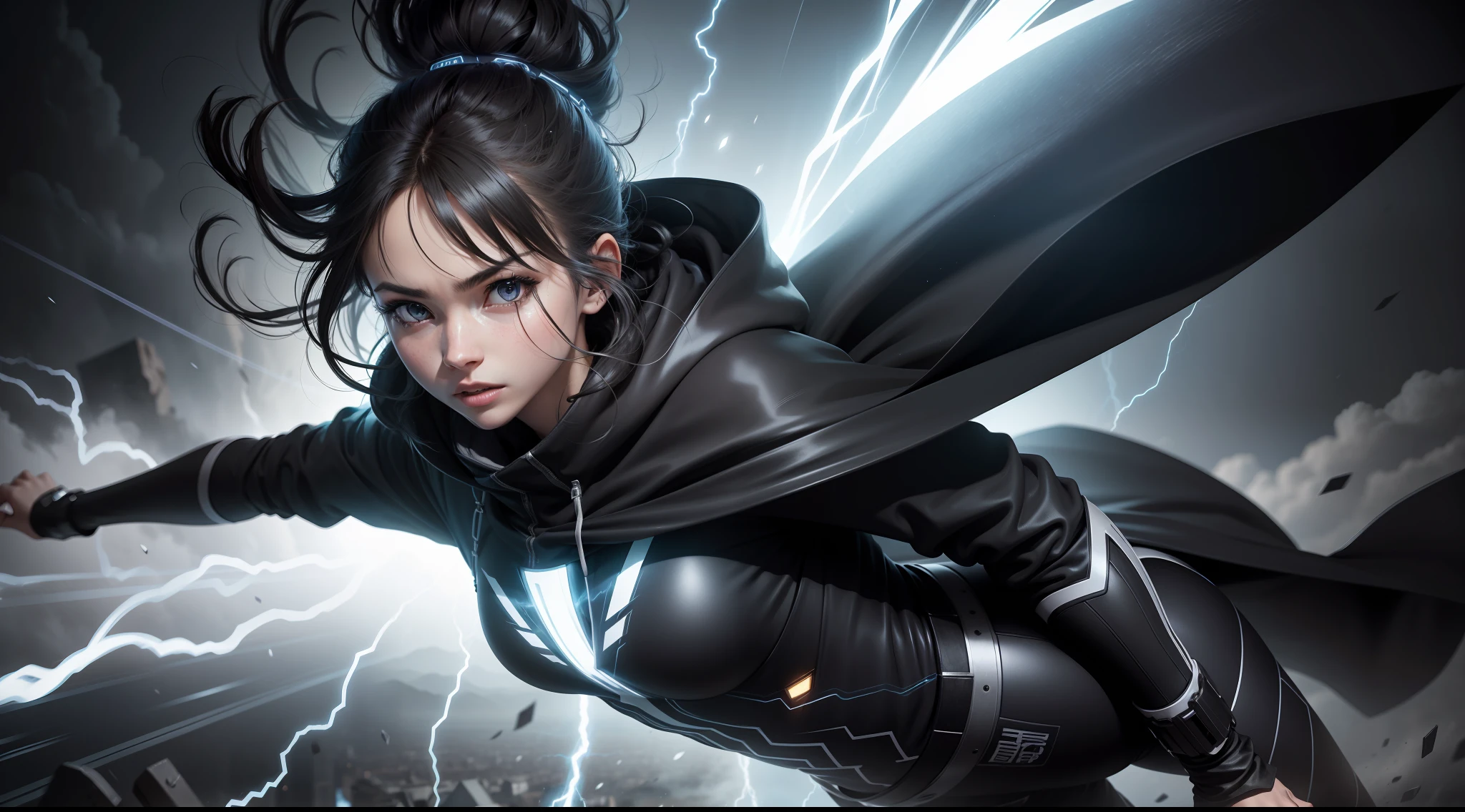 Running woman，mechs，Black and white，Lightning forms a cloak，cloaks，extreme light，Star face，whaite hair，white glowing eyes，exquisit facial detail，Coordinated limbs，five finger，Conflict impact，The wind blows hair，Dynamic，Photoreality，tmasterpiece，hentail realism，Photoreality，hight contrast，8K high-definition，Render the atmosphere，A detailed，ultra - detailed，超A high resolution，(真实感:1.4)，A high resolution，A detailed，richcolors