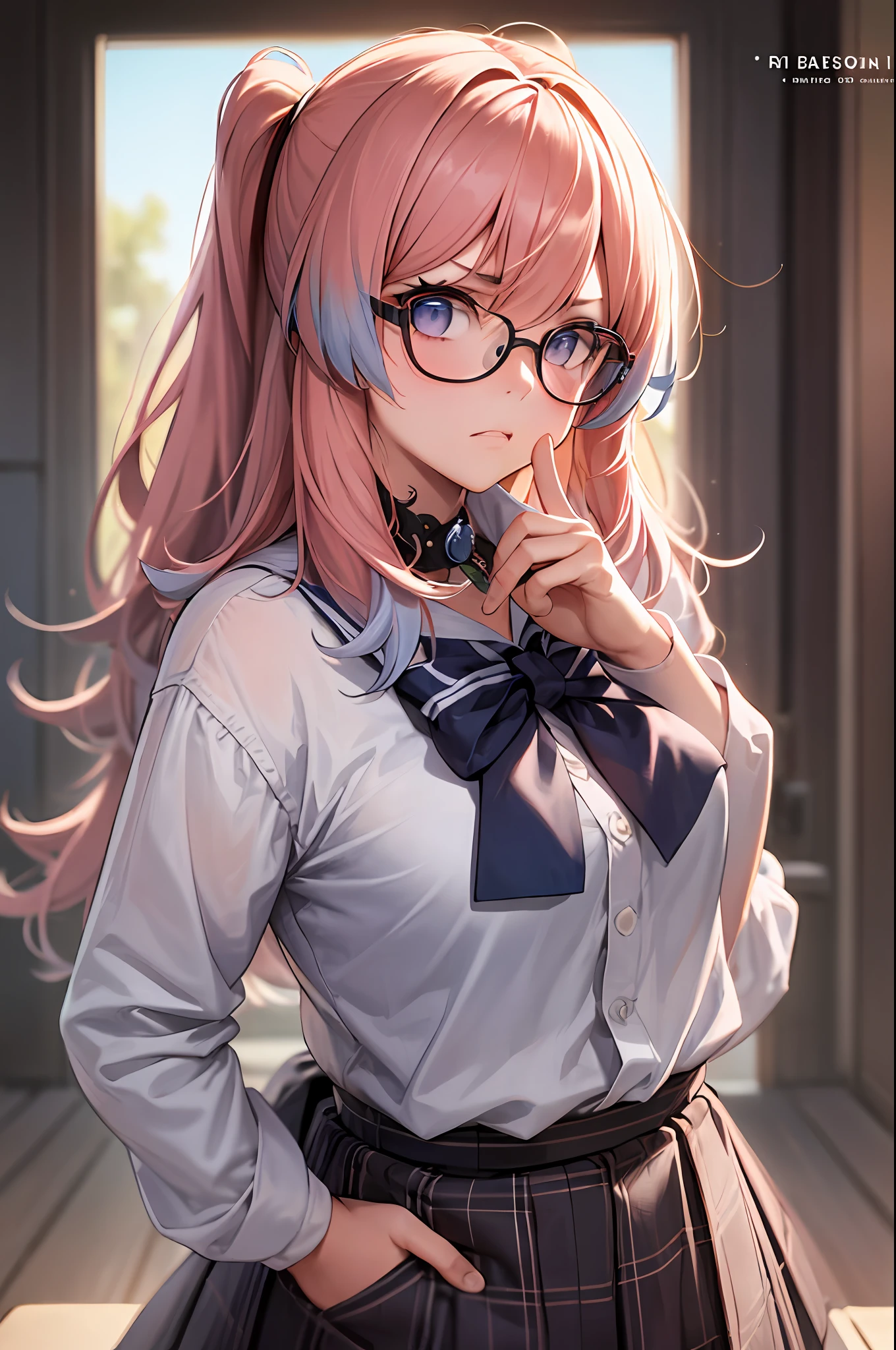 masterpiece, best quality, ultra detailed, hyper realistic, photo),delicate pattern, detailed background, uncensored completely, cowboy shot,  japanese girl, class room,
school uniform, loose collar, skirt, looking over eyewear,
hair between eyes, pink hair
put up index finger and one hand on hip,  angry with puffed cheeks,
from above, leaning forward,