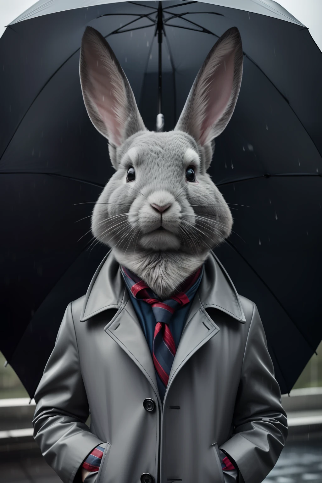 Grey rabbit, large ears, 4ft tall, holding an umbrella, wearing a coat, heavy rain, looks into the camera, symmetrical eyes, symmetrical face, photorealistic, photography, path tracing, specular lighting, volumetric face light, path traced hair, visible shadows, intricate, elaborate