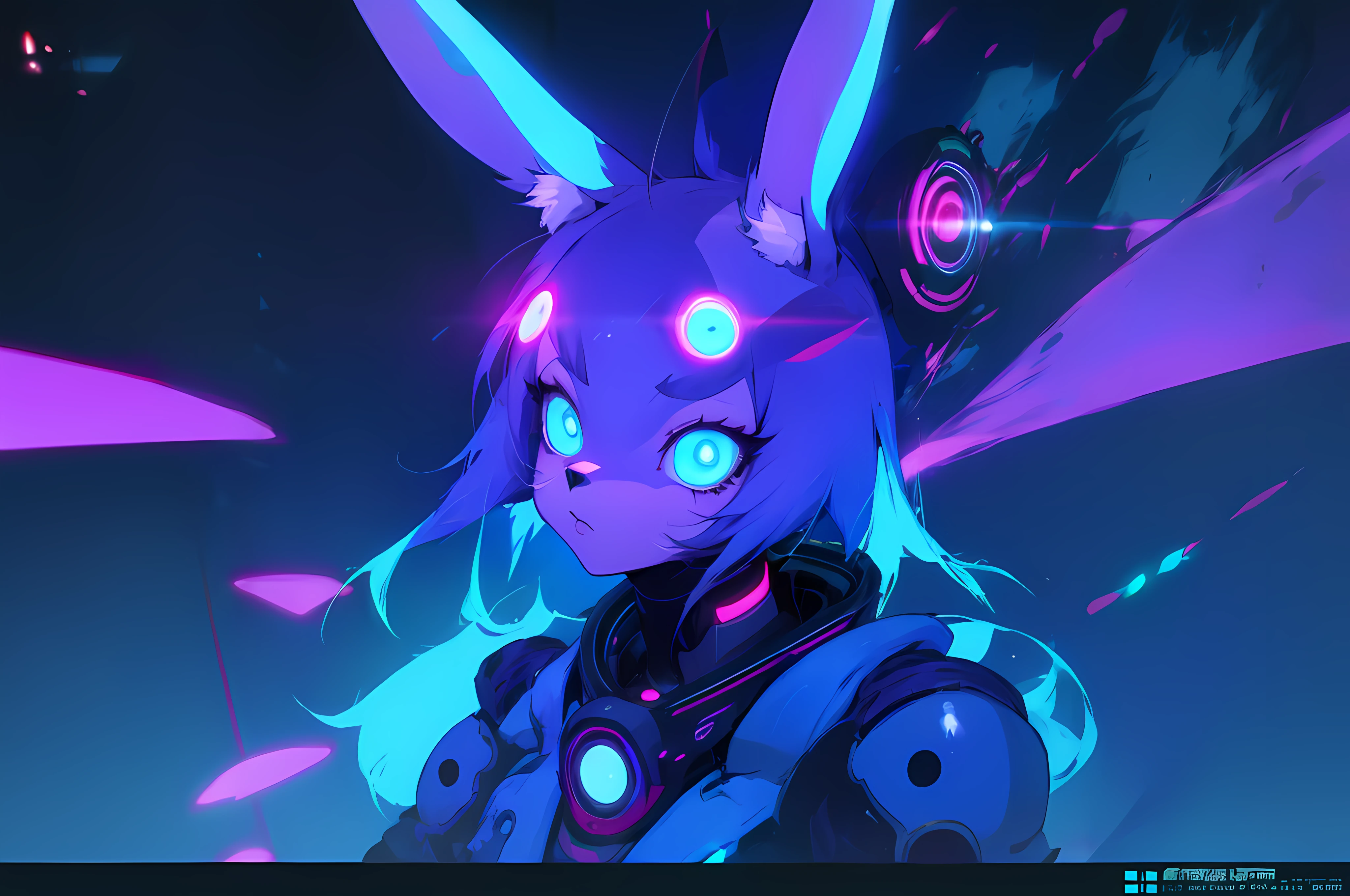 (vintage vhs), (crt screenshot), (Zen, Amy Sol style),  (((blue anthro kemono furry rabbit))), underground cavern shining flashlight in old ruins, scene from a show about a blue anthro furry kemono rabbit who investigates deep space crime, (vast decrepit scenery:1.2) blame! style, nightmarish illustration, glowing eyes everywhere, intense eye contact, hybrid human / anthro, electrixbunny, rabbit anthro portrait, ((portrait)), bunnypunk, weirdcore voidpunk fursona, wearing bunny ears, cover art with light abstraction, abstract, simple vector art, contemporary Cybernetic art, color gradients, soft color palettes, layered forms, whimsical animation, style Ethereal abstract, 4K, , anime character with futuristic hair and glowing eyes in a dark room, digital cyberpunk anime art, anime style 4 k, digital cyberpunk - anime art, anime mecha aesthetic, digital cyberpunk anime!!, anime cyberpunk art, fully robotic!! catgirl, hyper concept art, cyberpunk anime girl mech, portrait anime space cadet girl, wearing cybernetic bunny ears --v6