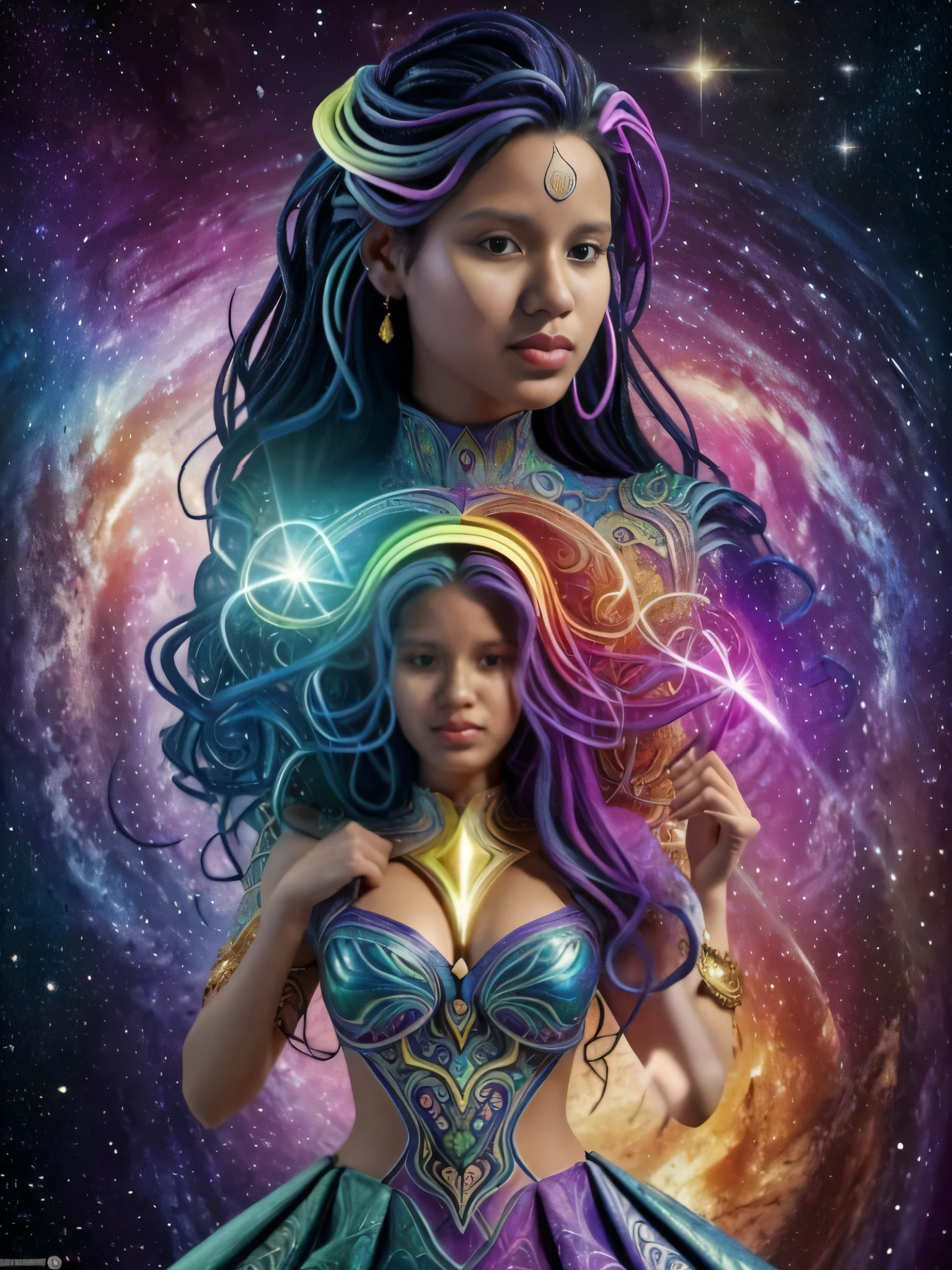A woman with long hair and a dress in front of a galaxy background, cosmic goddess, portrait of a cosmic goddess, goddess of galaxies, arte de fantasia digital colorida, Rainha e governante do universo, goddess of space and time, Deusa ciborgue no cosmos, cosmic and colorful, galactic sized goddess, beautiful gemini good and evil, divine cosmic female power