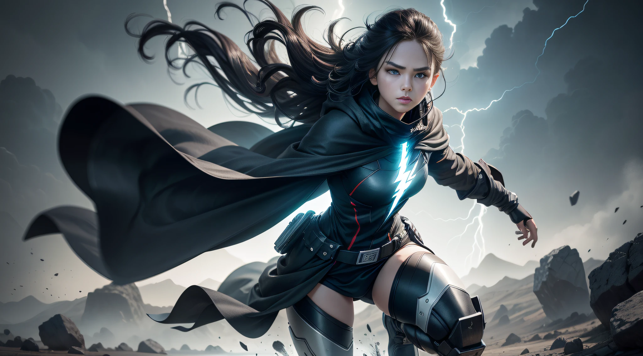 Running woman,mechs,Black and white,Lightning forms a cloak,cloaks,extreme light,Star face,whaite hair,white glowing eyes,exquisit facial detail,Coordinated limbs,five finger,Conflict impact,The wind blows hair,Dynamic,Photoreality,tmasterpiece,hentail realism,Photoreality,hight contrast,8K high-definition,Render the atmosphere,A detailed,ultra - detailed,超A high resolution,(真实感:1.4),A high resolution,A detailed,richcolors