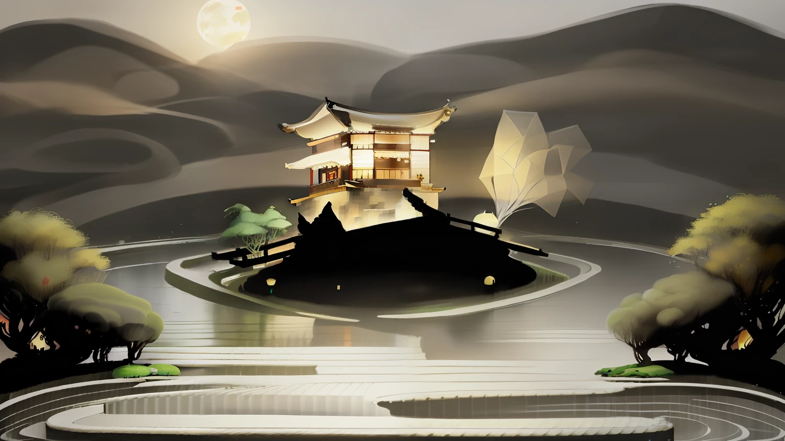 masterpiece,best quality,Chinese martial arts style,an asian night scene with lanterns and water lilies,asian pond with many lanterns and boatsa night scene with many lights and boats in the water, Lake surface, lotus flowers,beautiful night scene,(((Chinese martial arts style))), with vast sky, continuous mountains and steep cliffs, ink wash style, outline light, atmospheric atmosphere, depth of field, mist rising, bamboo, pine trees, octagonal stone pavilion, waterfall flowing water,big full moon,(No color) , Monochrome, light color,
