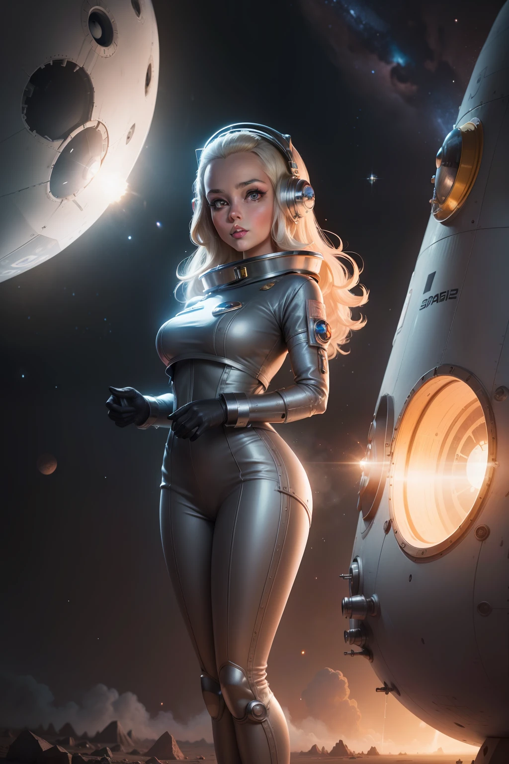 1950's space girl stratling a space rocket proportional eyes, (realistic:1.5),photorealistic, hyper realistic, (extremely detailed eyes), hyper detailed, soft lighting, (detailed background), extreme detail background, sharp details, ((full body)), female