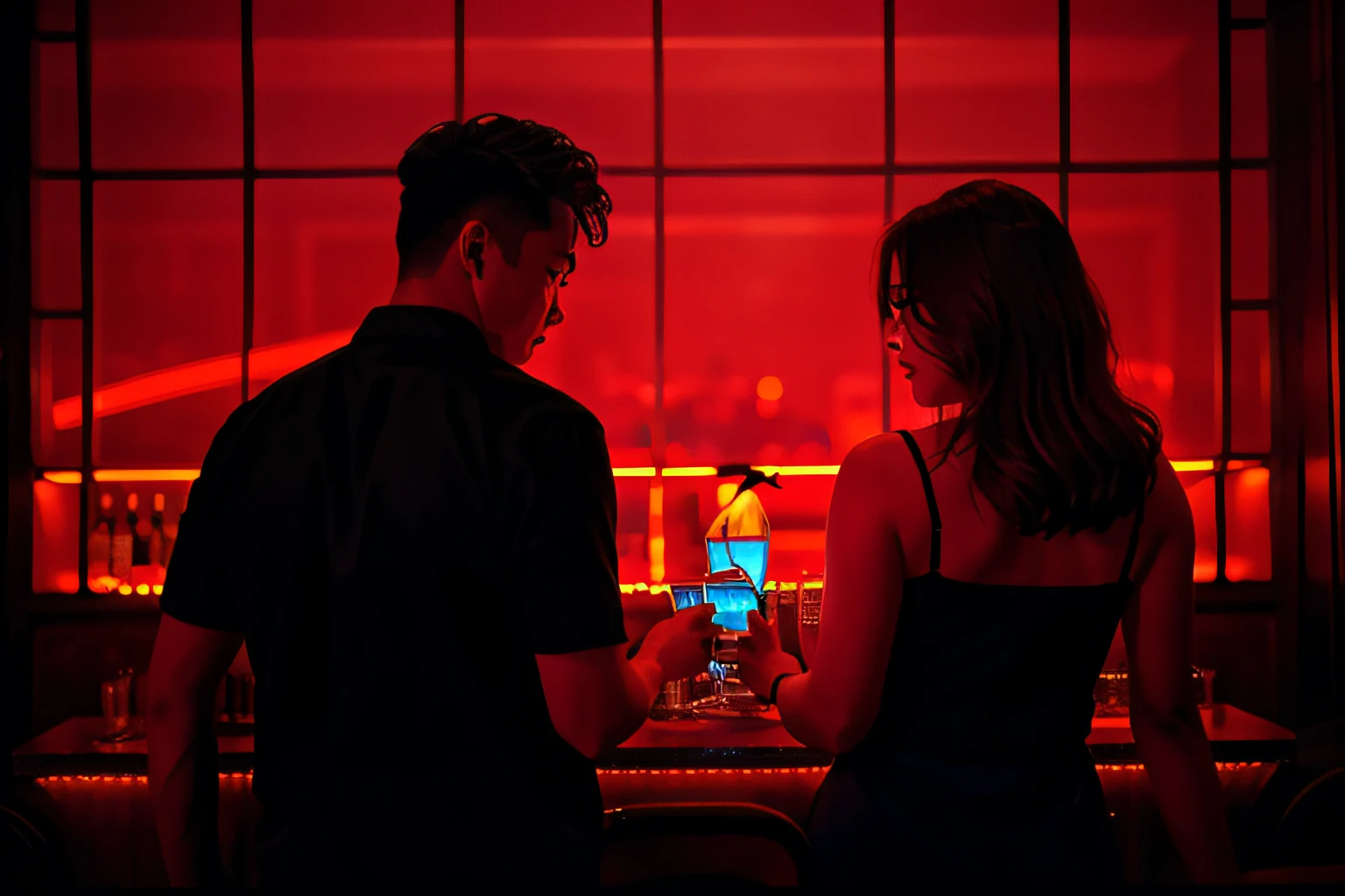 They stood in front of a red-light bar, red and cinematic lighting, nightlife, couple,Men and women are in very good shape,Back Shadow,atmospheric red lighting, at a bar, shot on leica sl2, drinking at the bar, in the night club, Bisexual lighting, in style of kar wai wong, ,Hyper-realistic style,8 0 s asian neon movie still, cinematic Red lighting, Clink glasses with wine glasses