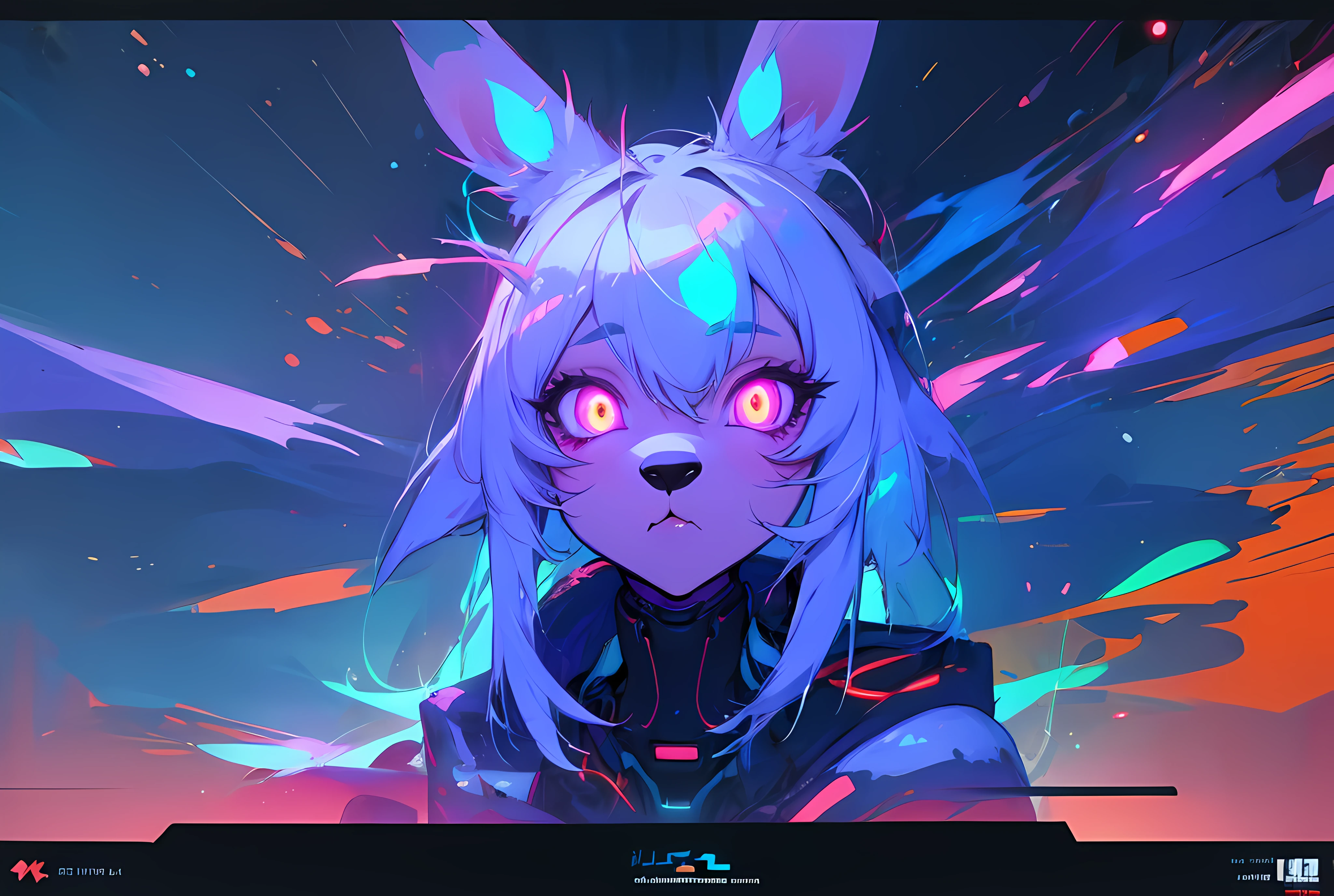 (vintage vhs), (crt screenshot), (Zen, Amy Sol style), (((blue anthro kemono furry rabbit))), underground cavern shining flashlight in old ruins, scene from a show about a blue anthro furry kemono rabbit who investigates deep space crime, (vast decrepit scenery:1.2) blame! style, nightmarish illustration, glowing eyes everywhere, intense eye contact, hybrid human / anthro, electrixbunny, rabbit anthro portrait, ((portrait)), bunnypunk, weirdcore voidpunk fursona, wearing bunny ears, cover art with light abstraction, abstract, simple vector art, contemporary Cybernetic art, color gradients, soft color palettes, layered forms, whimsical animation, style Ethereal abstract, 4K, , anime character with futuristic hair and glowing eyes in a dark room, digital cyberpunk anime art, anime style 4 k, digital cyberpunk - anime art, anime mecha aesthetic, digital cyberpunk anime!!, anime cyberpunk art, fully robotic!! catgirl, hyper concept art, cyberpunk anime girl mech, portrait anime space cadet girl, wearing cybernetic bunny ears , anime character with futuristic hair and glowing eyes in a dark room, digital cyberpunk anime art, anime style 4 k, digital cyberpunk - anime art, anime mecha aesthetic, digital cyberpunk anime!!, anime cyberpunk art, fully robotic!! catgirl, hyper concept art, cyberpunk anime girl mech, portrait anime space cadet girl, wearing cybernetic bunny ears --v6