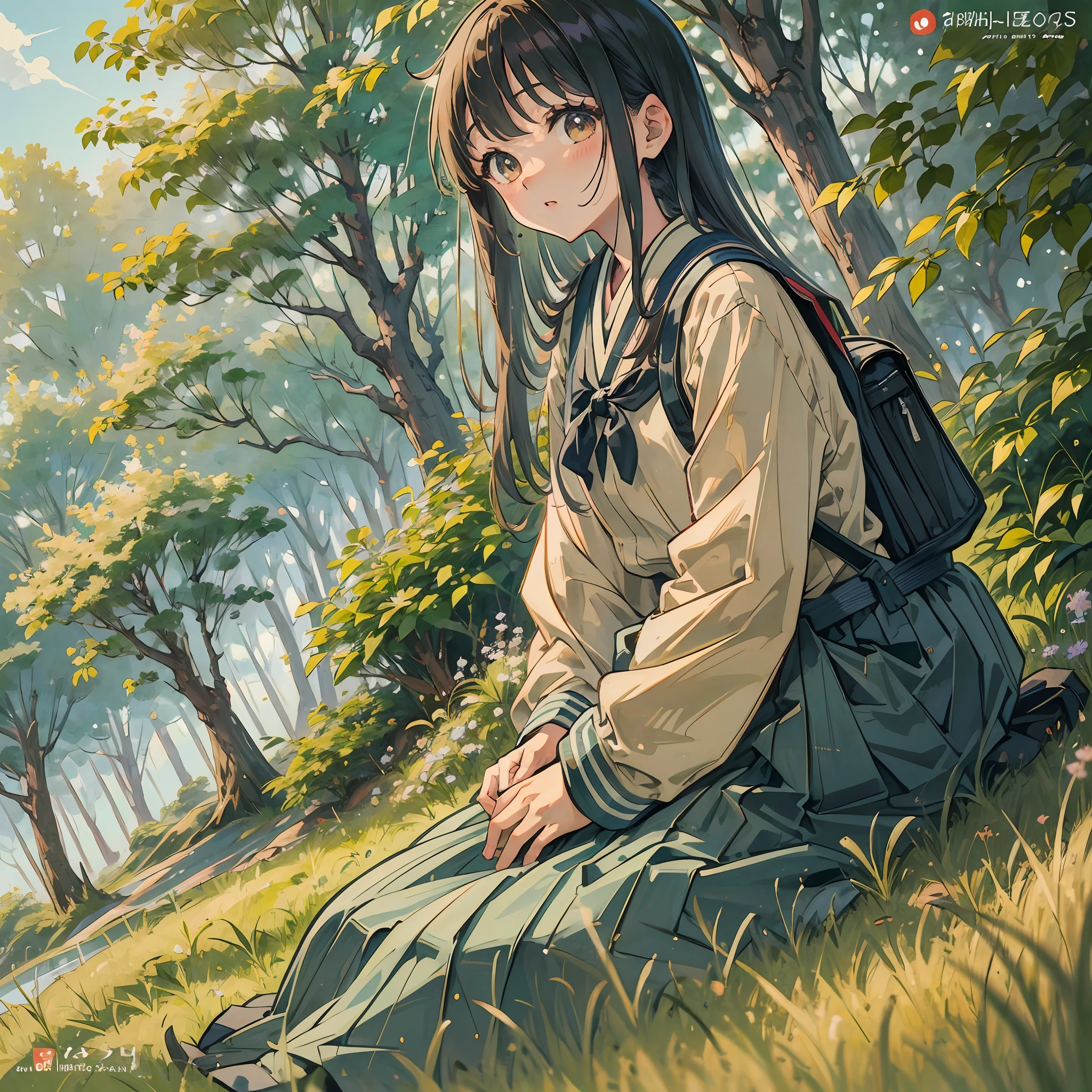 there is a woman sitting in the grass with a backpack, portrait of a japanese teen, the anime girl is crouching, seifuku, of a youthful japanese girl, close up iwakura lain, iwakura lain, japanese school uniform, shikamimi, japanese girl school uniform, chiho, wearing japanese school uniform --auto --s2