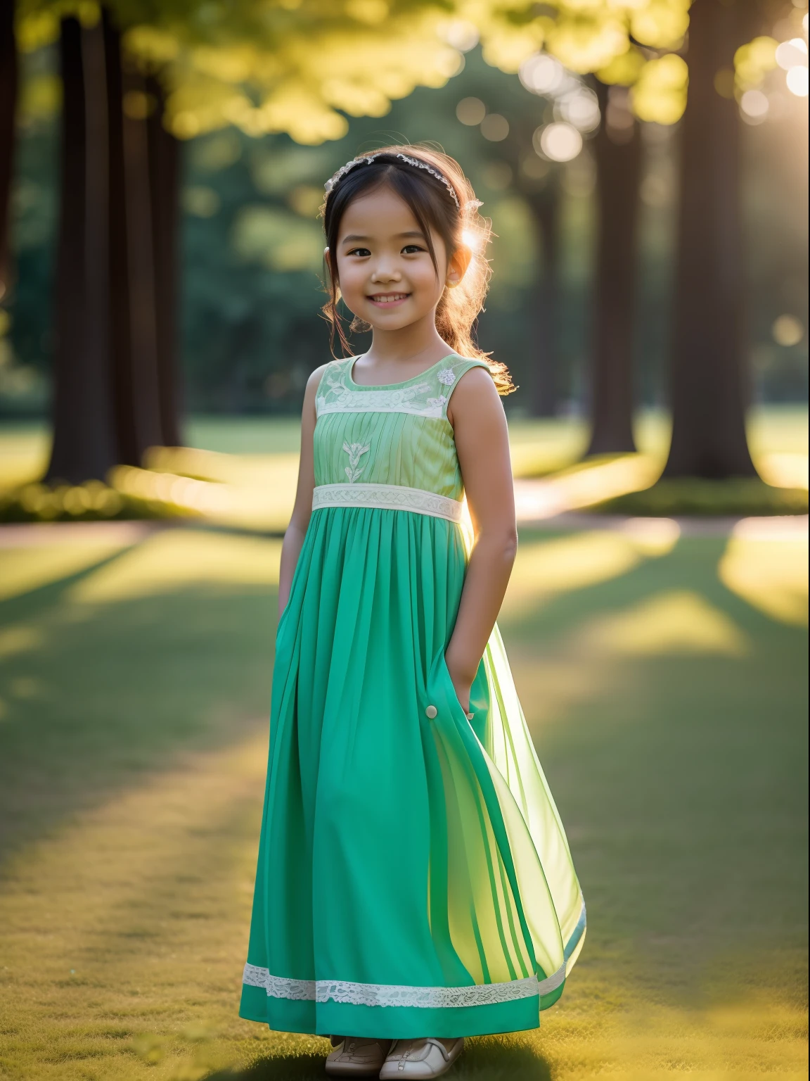 litle girl, a 5 y.o , wearing light green long dress luxury, standing in park, happy smile, rich detail, with light sun behind, bokeh, masterpiece, best quality, 8k uhd, dslr, film grain, d700, photorealistic by midjourney