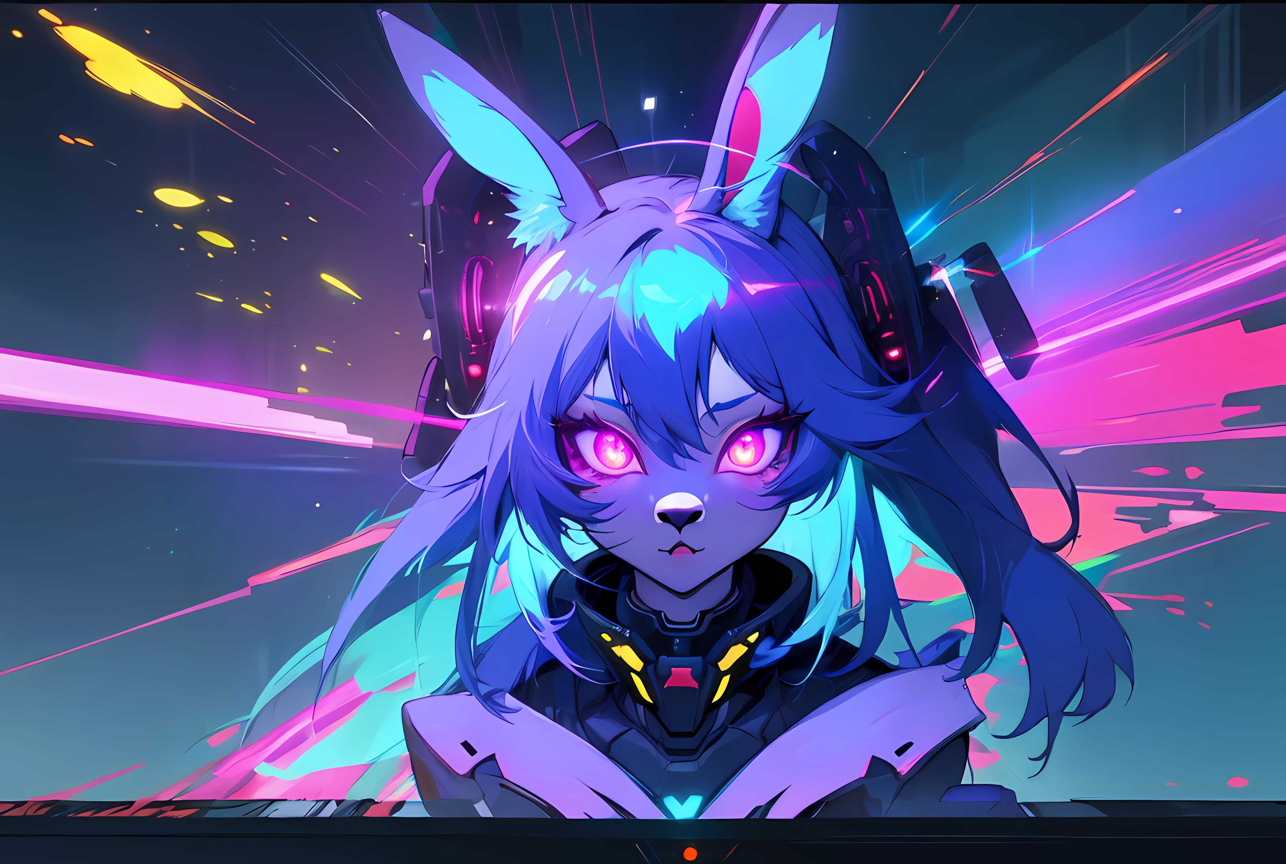 (vintage vhs), (crt screenshot), (Zen, Amy Sol style), (((blue anthro kemono furry rabbit))), underground cavern shining flashlight in old ruins, scene from a show about a blue anthro furry kemono rabbit who investigates deep space crime, (vast decrepit scenery:1.2) blame! style, nightmarish illustration, glowing eyes everywhere, intense eye contact, hybrid human / anthro, electrixbunny, rabbit anthro portrait, ((portrait)), bunnypunk, weirdcore voidpunk fursona, wearing bunny ears, cover art with light abstraction, abstract, simple vector art, contemporary Cybernetic art, color gradients, soft color palettes, layered forms, whimsical animation, style Ethereal abstract, 4K, , anime character with futuristic hair and glowing eyes in a dark room, digital cyberpunk anime art, anime style 4 k, digital cyberpunk - anime art, anime mecha aesthetic, digital cyberpunk anime!!, anime cyberpunk art, fully robotic!! catgirl, hyper concept art, cyberpunk anime girl mech, portrait anime space cadet girl, wearing cybernetic bunny ears , anime character with futuristic hair and glowing eyes in a dark room, digital cyberpunk anime art, anime style 4 k, digital cyberpunk - anime art, anime mecha aesthetic, digital cyberpunk anime!!, anime cyberpunk art, fully robotic!! catgirl, hyper concept art, cyberpunk anime girl mech, portrait anime space cadet girl, wearing cybernetic bunny ears --v6