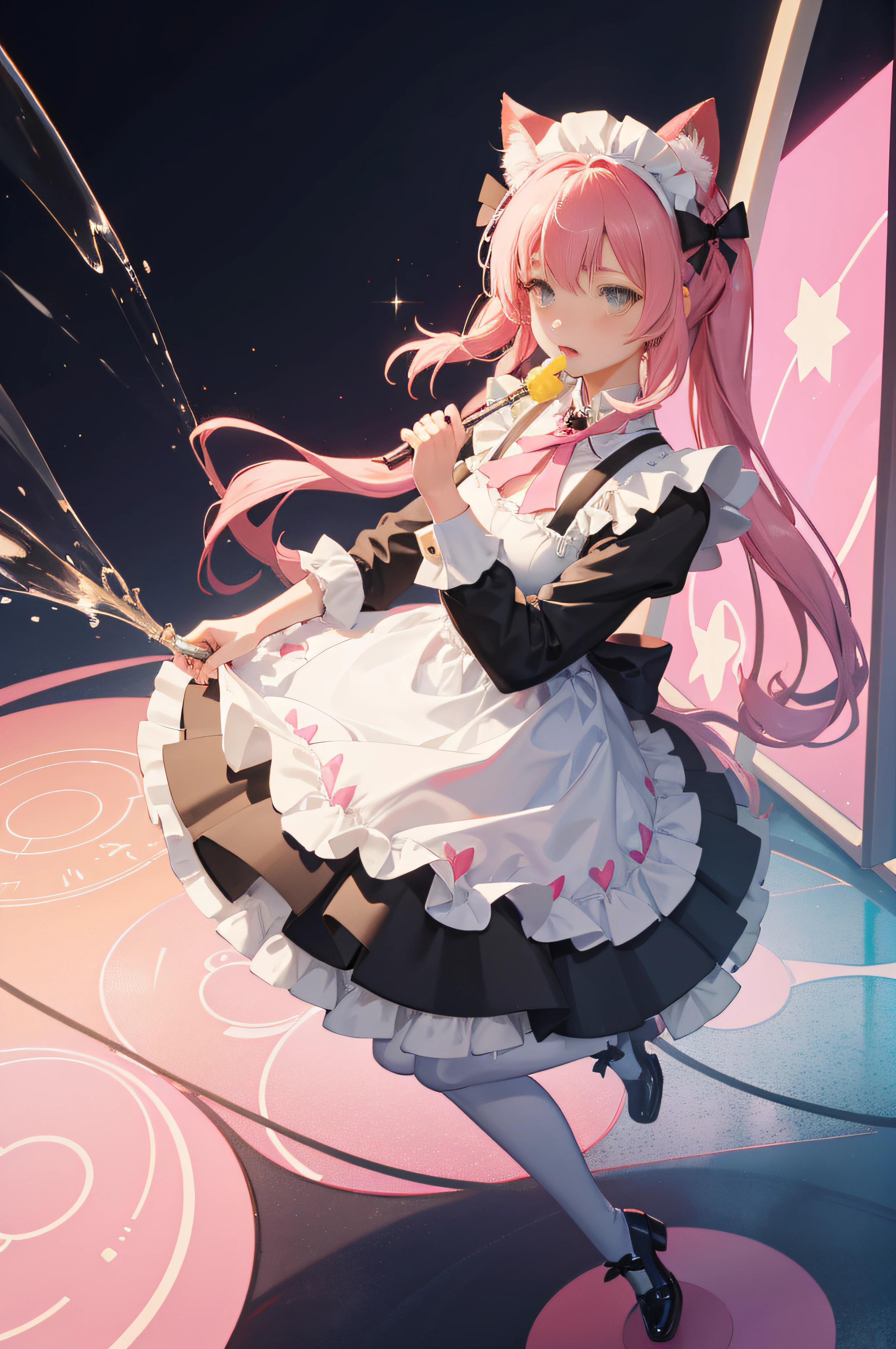 Girl in black and white dress, Pink tail, anime cat girl in a maid costume, style of magical girl, Small bi-tone curls, fleshy feeling, sparkling magical girl, portrait of magical girl, anime girl in a maid costume, nyaruko-san, magical little girl, Splash art anime Loli, Openwork maid costume, lollipop, Detailed key anime art