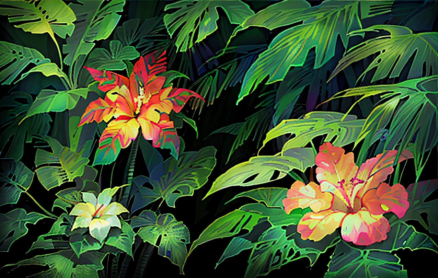 Tropical foliage background, Tropical plants, beautiful tropical flowers, colorful tropical plants, Tropical plants, Lush garden foliage, tropical background, detailed digital illustration, photorealistic print of exotic, tropical foliage, subtropical flowers and plants, Tropical leaves, matte digital illustration, tropical atmosphere, detailed beautiful plants