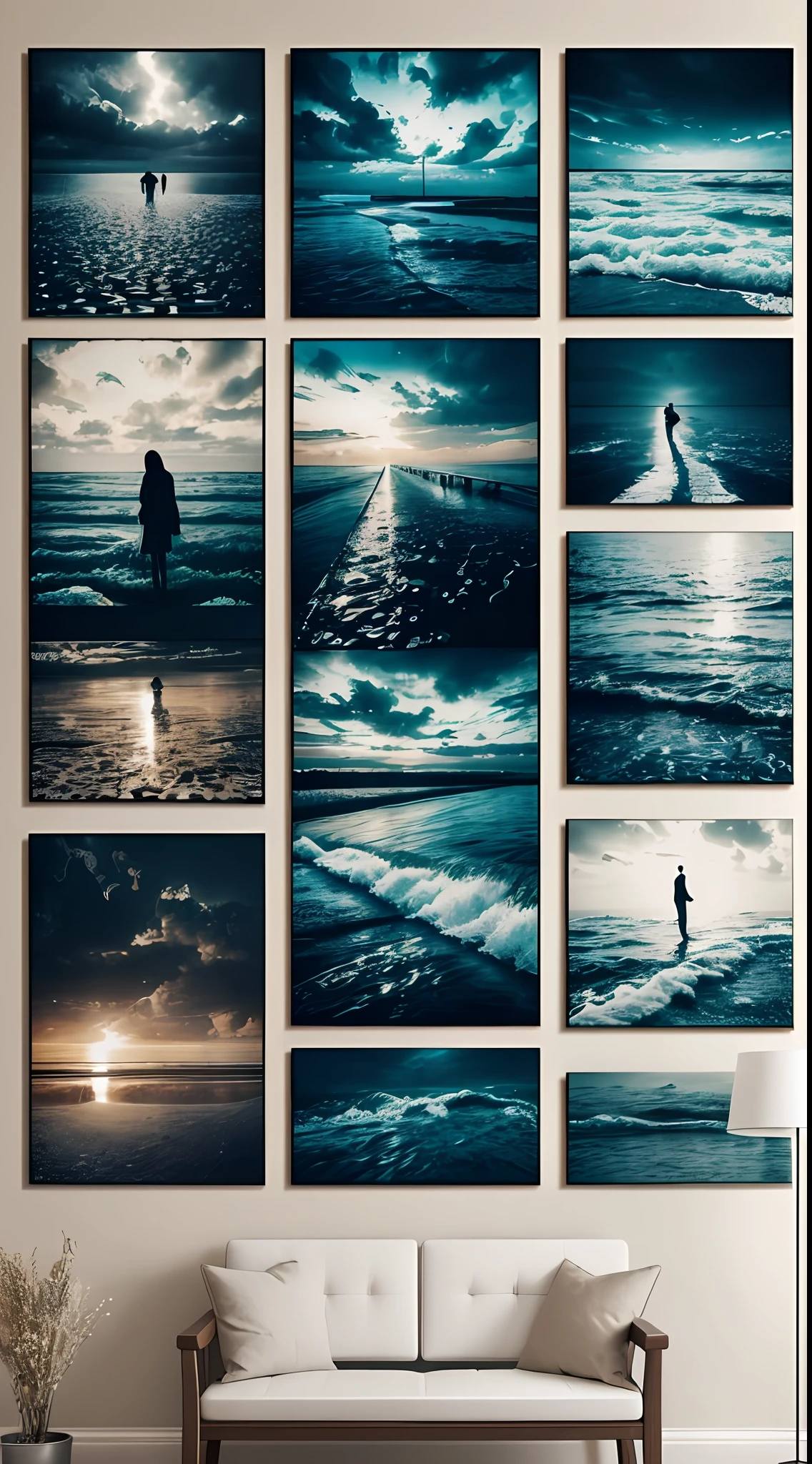 "wall collage board, inspired by melancholy, Rain, Ocean, in night, wet ground, black pepper, cold water, Tiktok style + instagram collage"