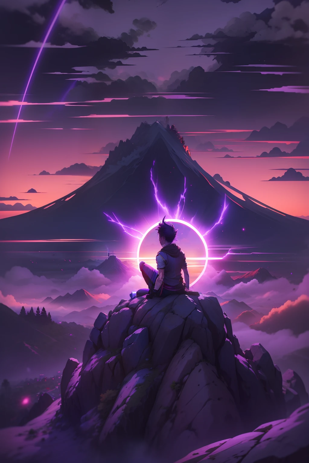 An anime character sitting cross-kneeled on a hill, One eye open, Behind the hills is the sun slowly rising, Purple air currents converged from all around into the open eyes, The eyes glow purple, anime, best quality, ccurate