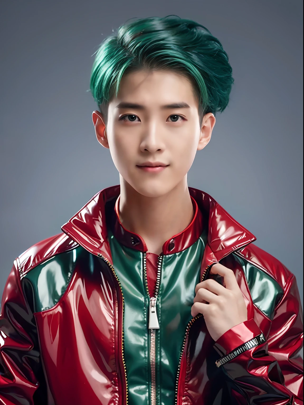 A 16-year-old Chinese male high school student，Wearing PVC red racing costume，There are zippers，Green hair，solid color backdrop，