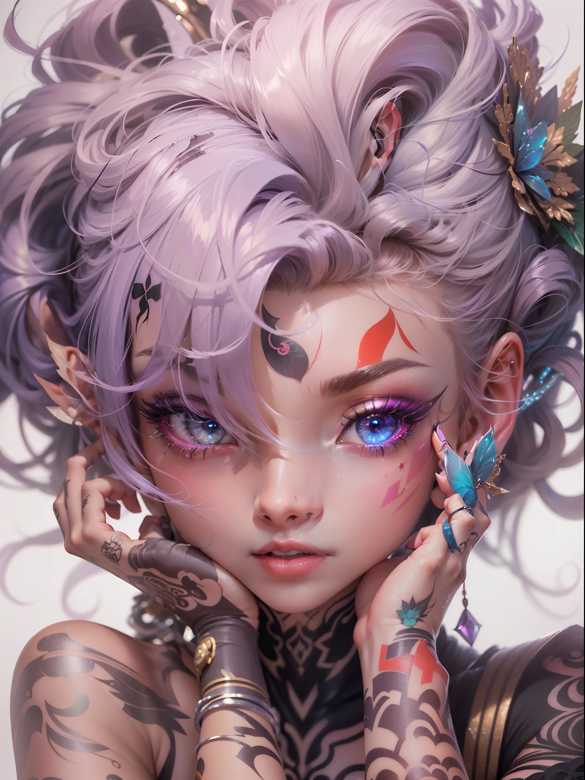 (((​masterpiece)))、(((top-quality)))、((ultra-definition))、(High Definition CG Illustration)、((extremely delicate and beautiful))、Cyber City、Cinematic Light、tattooed、Body glitter、remodel、Girl with a shearing hairstyle、Unconventional、2080s、animesque、Devilish girl、facepaint、face tattoos、trending on artstationh、Rachel Walker