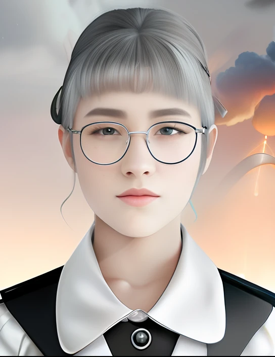 masterpiece, exquisite, illustration, {beautiful and meticulous girl}, beautiful and detailed halo, (fire of war: 1.2), (nuclear explosion behind: 1.3), rain, detailed lighting, detail water, (beautiful and detailed eyes: 1.1), expressionless, palace, sky blue hair, scattered hair, long bangs, eyebrows, (white-gray dress: 1.1), black ribbon, white bow tie, upper abdomen, big forehead, dull, flower, long sleeves