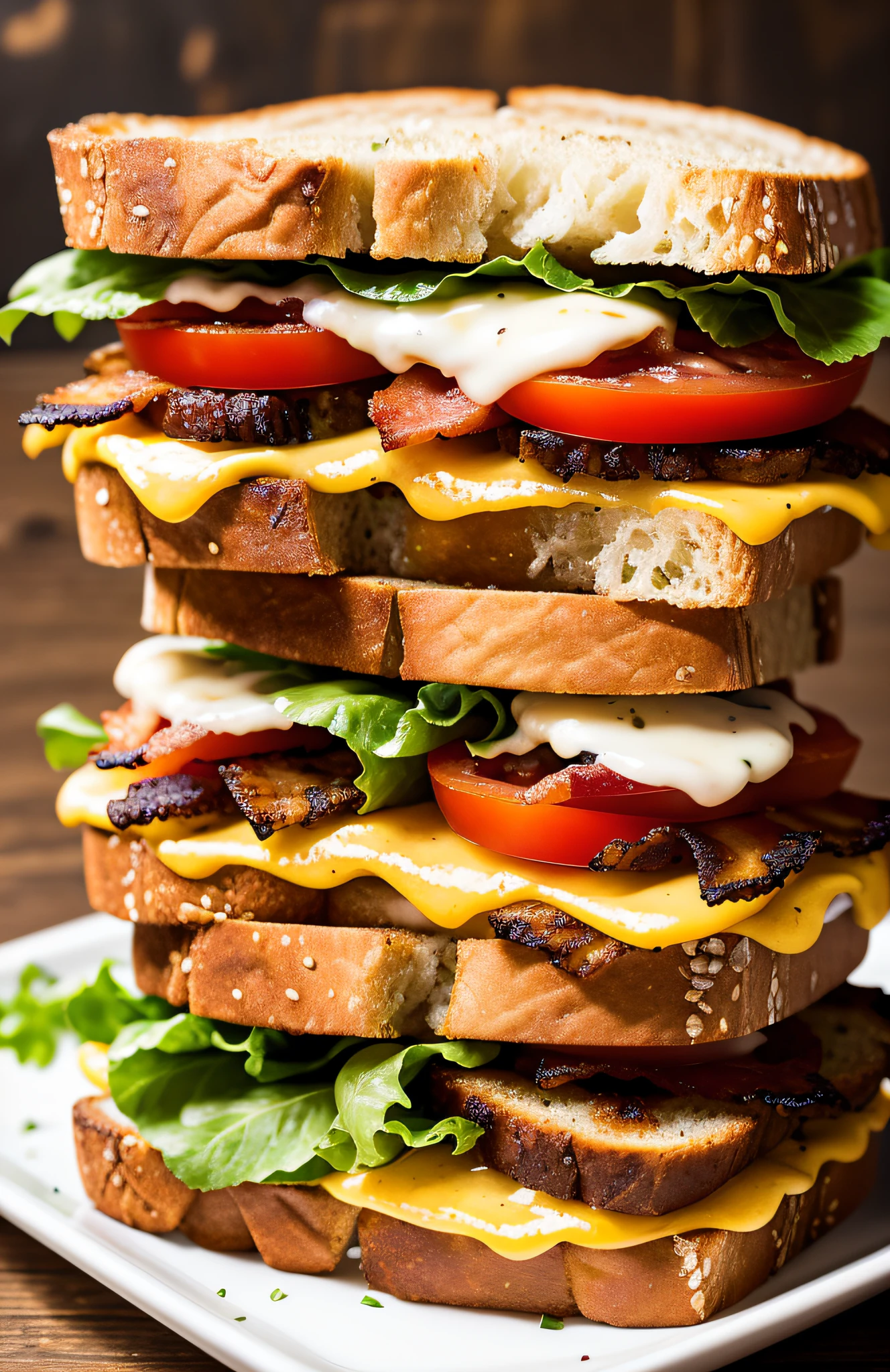 photo of a scrumptious BLT sandwich with extra bacon, (rustic diner background)+, seed bread, pepper jack cheese, (intricate details:1.12), hdr, (intricate details, hyperdetailed:1.15)