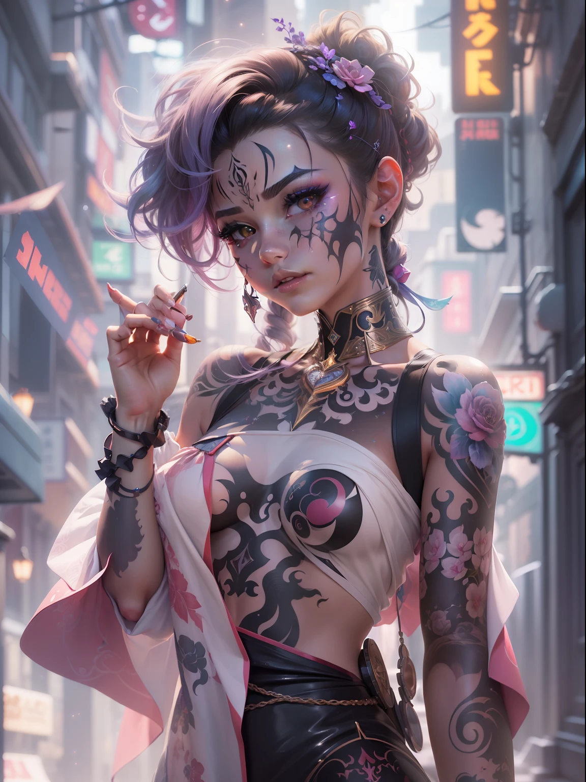 (((masterpiece)))、(((top-quality)))、((ultra-definition))、(High Definition CG Illustration)、((extremely delicate and beautiful))、Cyber City、Cinematic Light、tattooed、Body glitter、remodel、Girl with shearing hairstyle、Unconventional、2080s、animesque、Devilish girl、facepaint、face tattoos、trending on artstationh、Rachel Walker