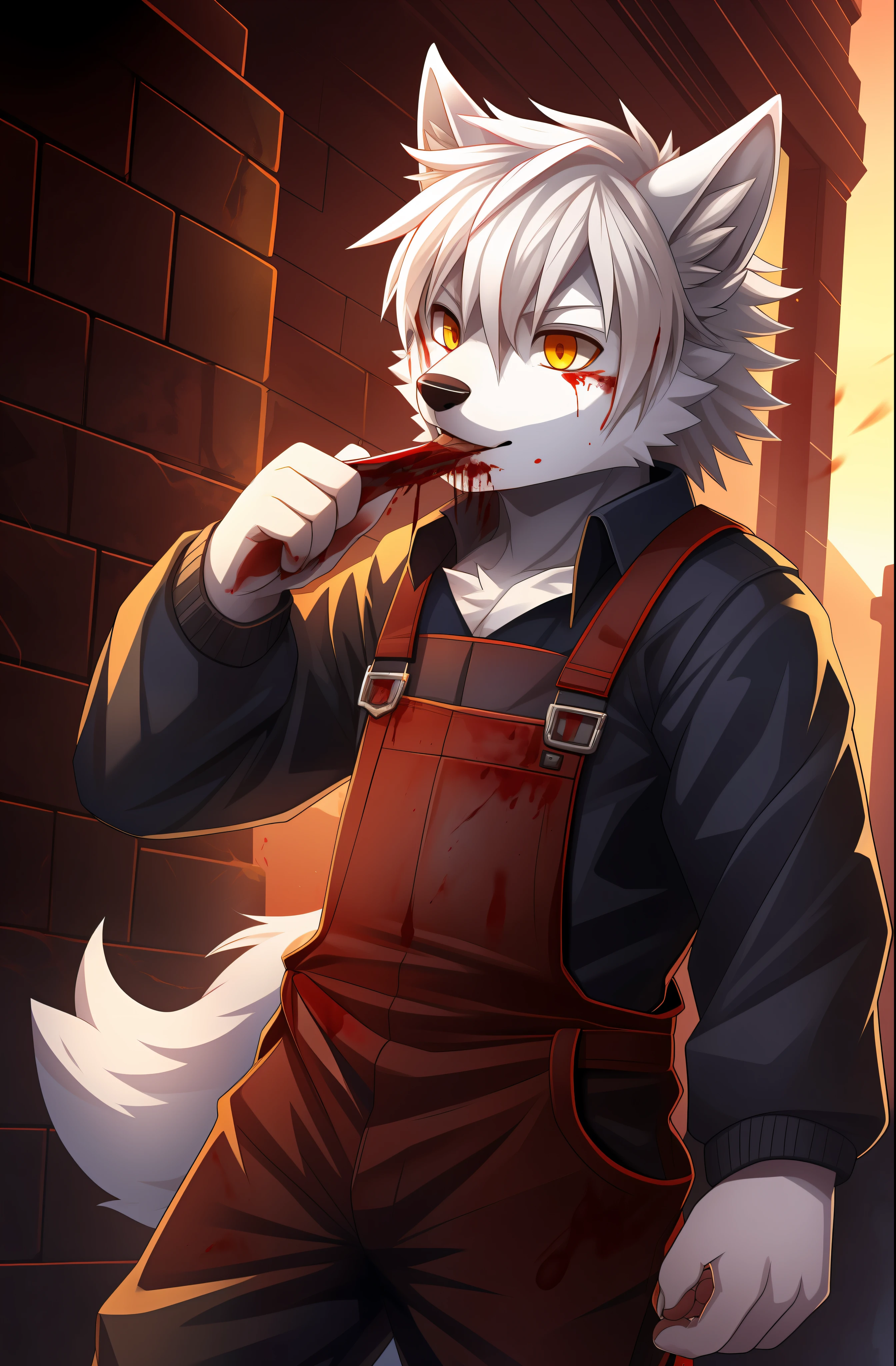 terroral，blood vess，Be covered in blood，The corners of his mouth were stained with blood，solo person，White body，White ears，White hair，White fur，Overall white，Orange-yellow eyes，Wolf tail，Wolf orcs，Wolf paws，Young，Wear a jacket，Ultra-clear screen，Soft lines