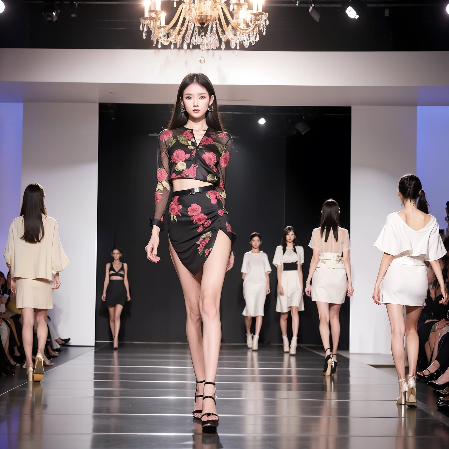 Beautiful woman in short skirt walking on the catwalk, fashion runway, fashion show runway, glamorous runway model, Fashion model, fashion show photo, catwalk photo, runway photo, On the runway, Fashion show, korean women's fashion model, beautiful fashion model body, Model with attractive body, Big breasts Thin waist, high fashion model