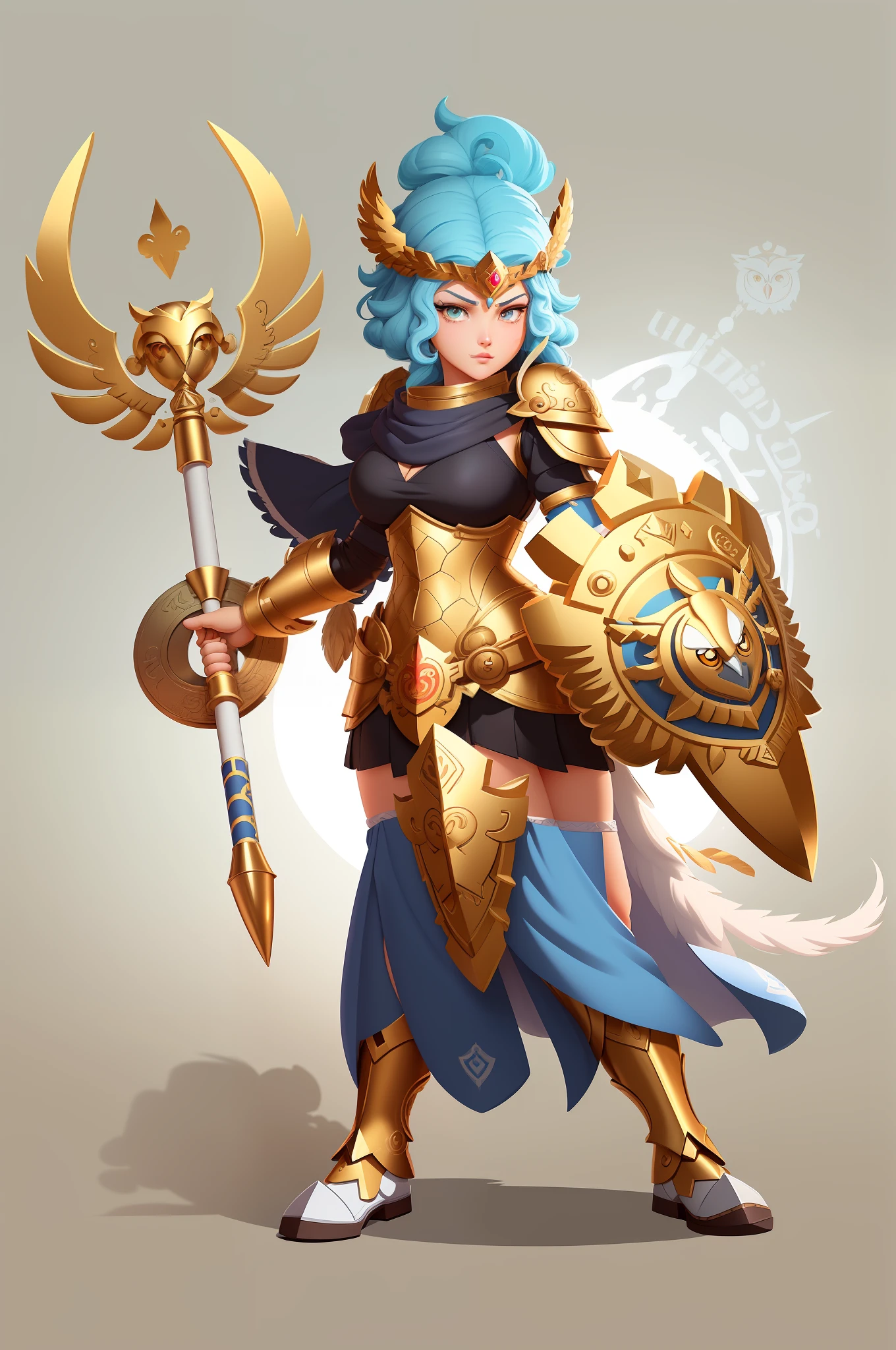 On a white background, Athena, goddess of wisdom and war strategy, full body, full armor, with an owl on her shoulder, shield and spear. A cartoon depiction might emphasize her intelligent gaze, and the Aegis, a shield bearing the head of the gorgon Medusa. Cartoon style illustration, on a white background, detailed characters, cartoon style illustration, high quality character design, highly detailed characters, character illustrations, professional illustration, cartoon art style, proffesional illustration, full body character design, cute characters, cartoon illustration, character designs, characters, in cartoon style, professional vector graphic, several character designs. Full body, WHITE background