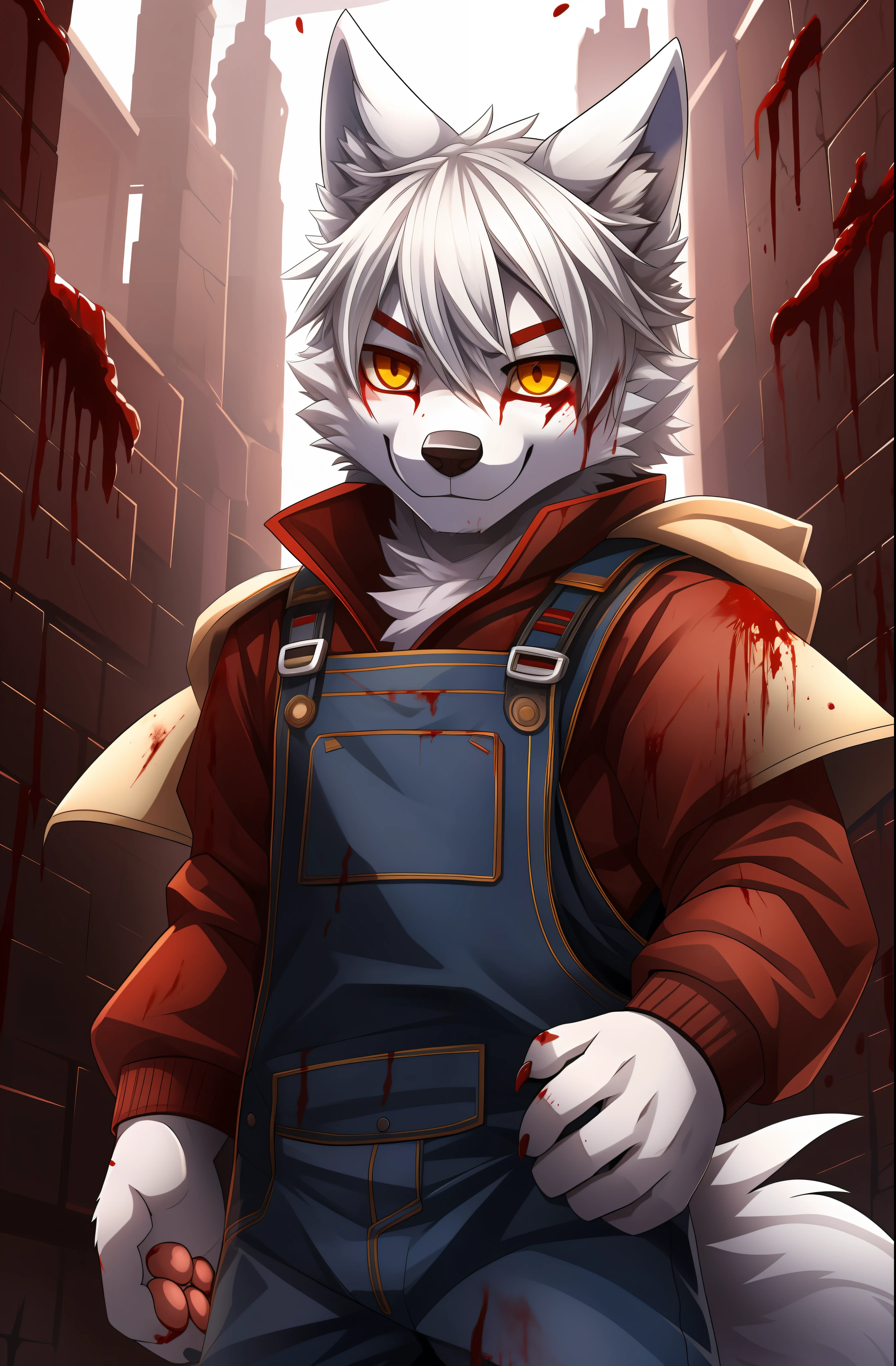 terroral，blood vess，Be covered in blood，The corners of his mouth were stained with blood，solo person，White body，White ears，White hair，White fur，Overall white，Orange-yellow eyes，Wolf tail，Wolf orcs，Wolf paws，Young，Wear a jacket，Ultra-clear screen，Soft lines