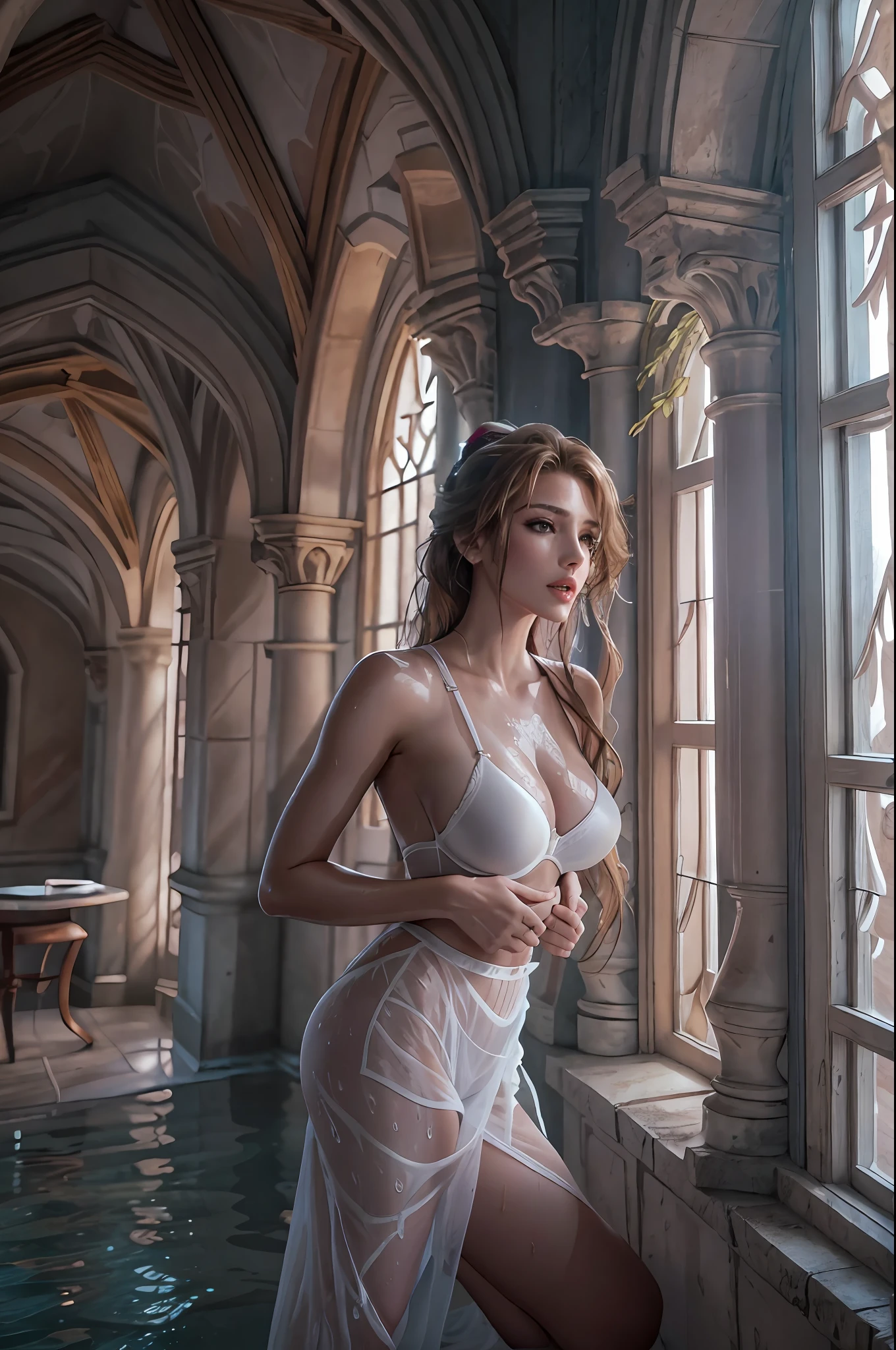 4k highly detailed realistic photoshoot with a wet princess, ((full body including legs)) photo of beautiful 26 year old girl, ((sharp jawline)) and perky tits, in wet clothes standing by the castle window in a tall castle with white walls in a wet divine magical bra with a deep neckline