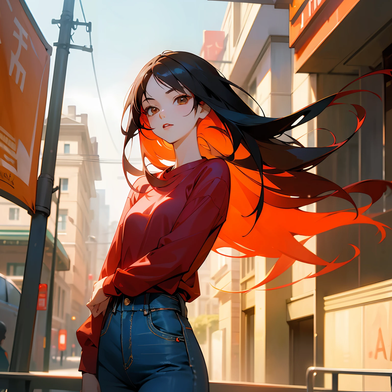 Anime, 1girl, (masterpiece), best quality, expressive eyes, perfect face, young adult, asian, black hair, hair length till shoulders, brown eyes, red lips, light red long sleeved tshirt, skinny denim trousers, elegant, clear focus, shot by greg rutkowski, soft lighting, vibrant colors, ((street)), dynamic pose