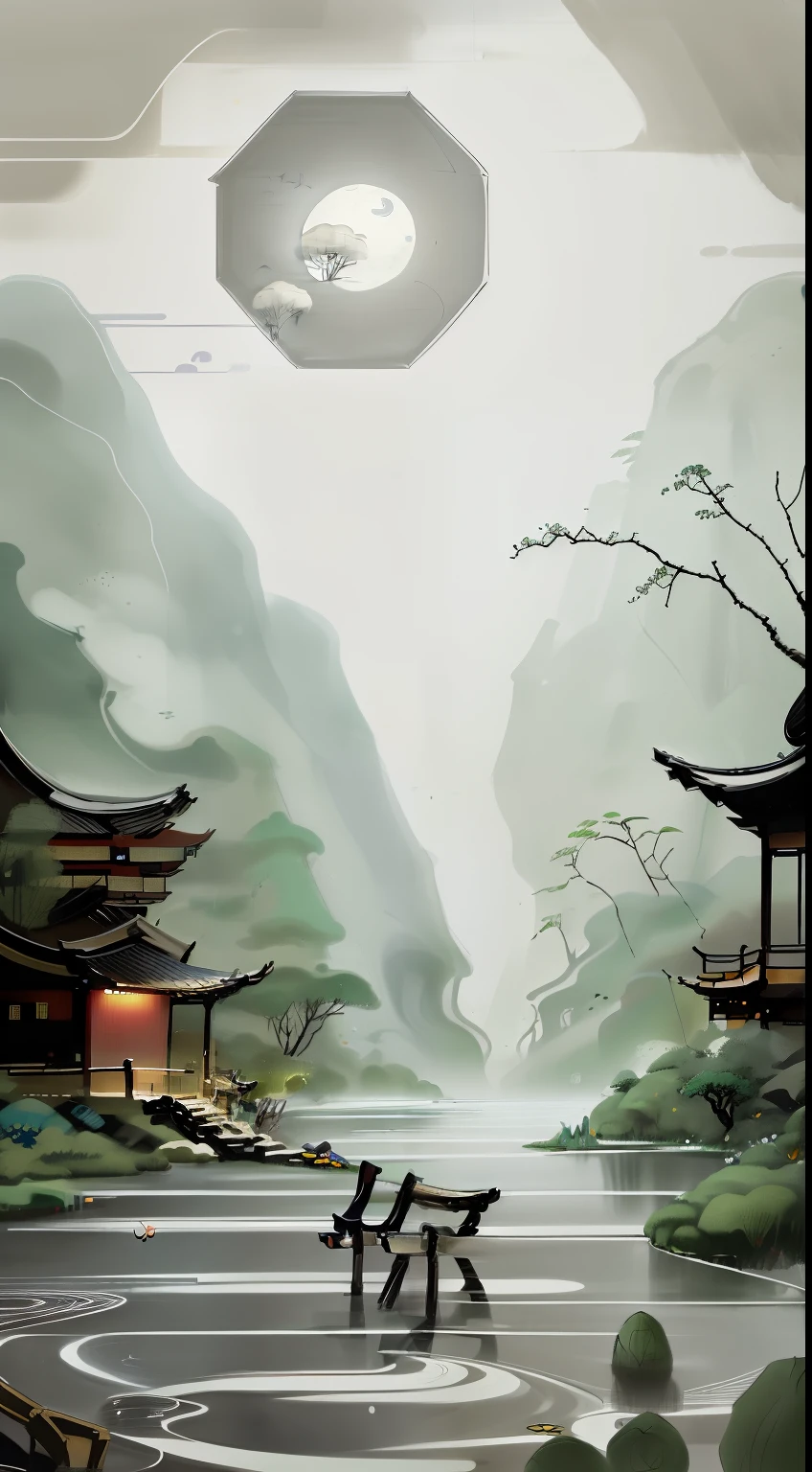 masterpiece,best quality,Chinese martial arts style,an asian night scene with lanterns and water lilies,asian pond with many lanterns and boatsa night scene with many lights and boats in the water, Lake surface, lotus flowers,beautiful night scene,(((Chinese martial arts style))), with vast sky, continuous mountains and steep cliffs, ink wash style, outline light, atmospheric atmosphere, depth of field, mist rising, bamboo, pine trees, octagonal stone pavilion, waterfall flowing water,big full moon,(No color) , Monochrome, light color,