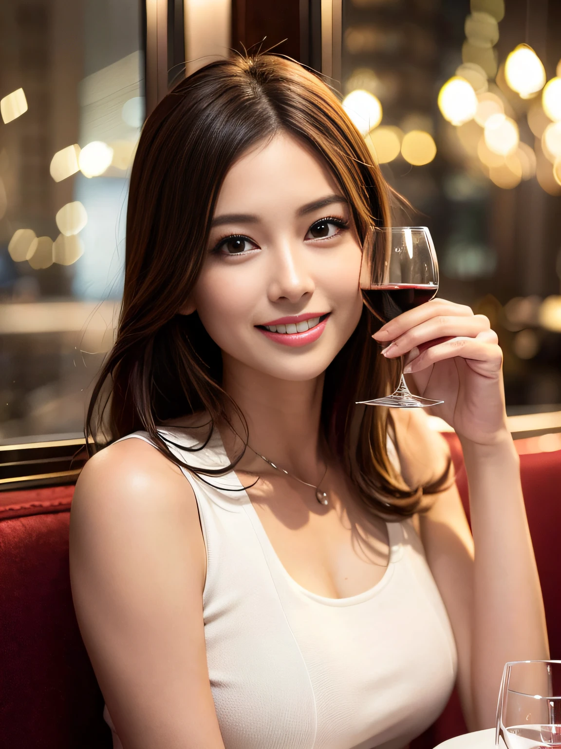 (64K, UHD, top quality, masterpiece: 1.2), (realistic, photorealistic: 1.37), super detailed, pretty woman 1 person, (slim face), (slim body), (brown hair), (short cut), cheeks slightly blushing, (44 years old), 38 years old, solo, beautiful detailed urban night view outside the window, restaurant, wine glasses sit, at night, in a prominent placeNovaFrogStyle, Actress, Model, Waist Up, White Wine, Slim, Wine Glass, Super Clean Night View, Wine Glass Put in the Middle, Happy Smile, (Smile: 1.15), Beautiful Fine Eyes, Upper Body, Bust Japan Up, Night, Short, Short, Actress, Model, Waist Up, White Wine, Slim, Wine Glass, Super Clean Night View, Wine Glass Put in the Middle, Happy Smile,