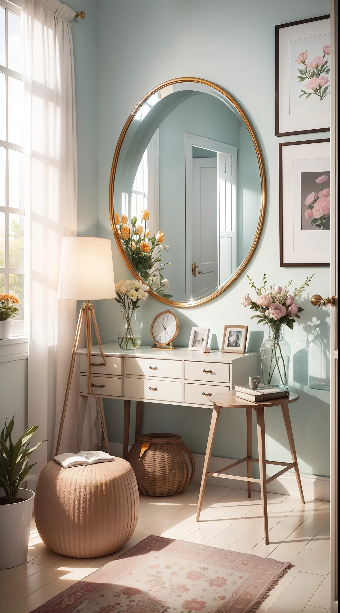 A studio concept room of about 50m2, with different shooting angles, suitable for topics related to beauty and fashion. The studio uses pastel colors such as pink, blue, yellow, orange… to create a light and fresh space. The studio also has many decorative items such as flowers, sofa, fashion standing mirror, mannequin, fashion clothes rack, books, pictures… to add more liveliness and richness to the photos or videos. The studio has natural light and flash to adjust as desired. The studio is an ideal place for young people to express their style and personality, no human,
