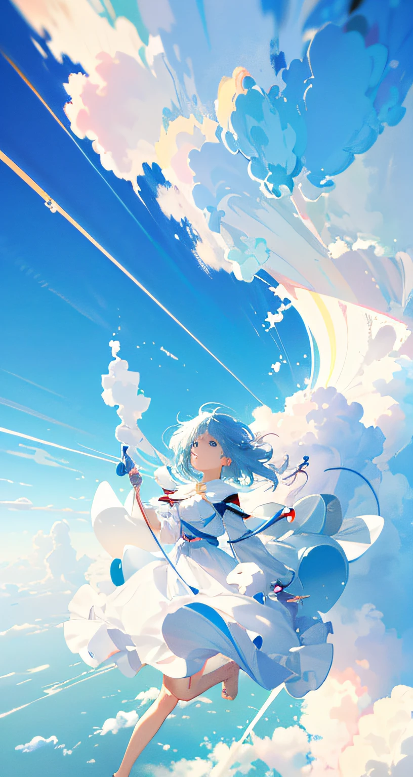 masterpiece, best quality, movie still, 1girl, floating in the sky, cloud girl, cloud, (close-up:1.1), bright, happy, fun, soft lighting, (Bauhaus, shapes, lines, abstract:1.1)