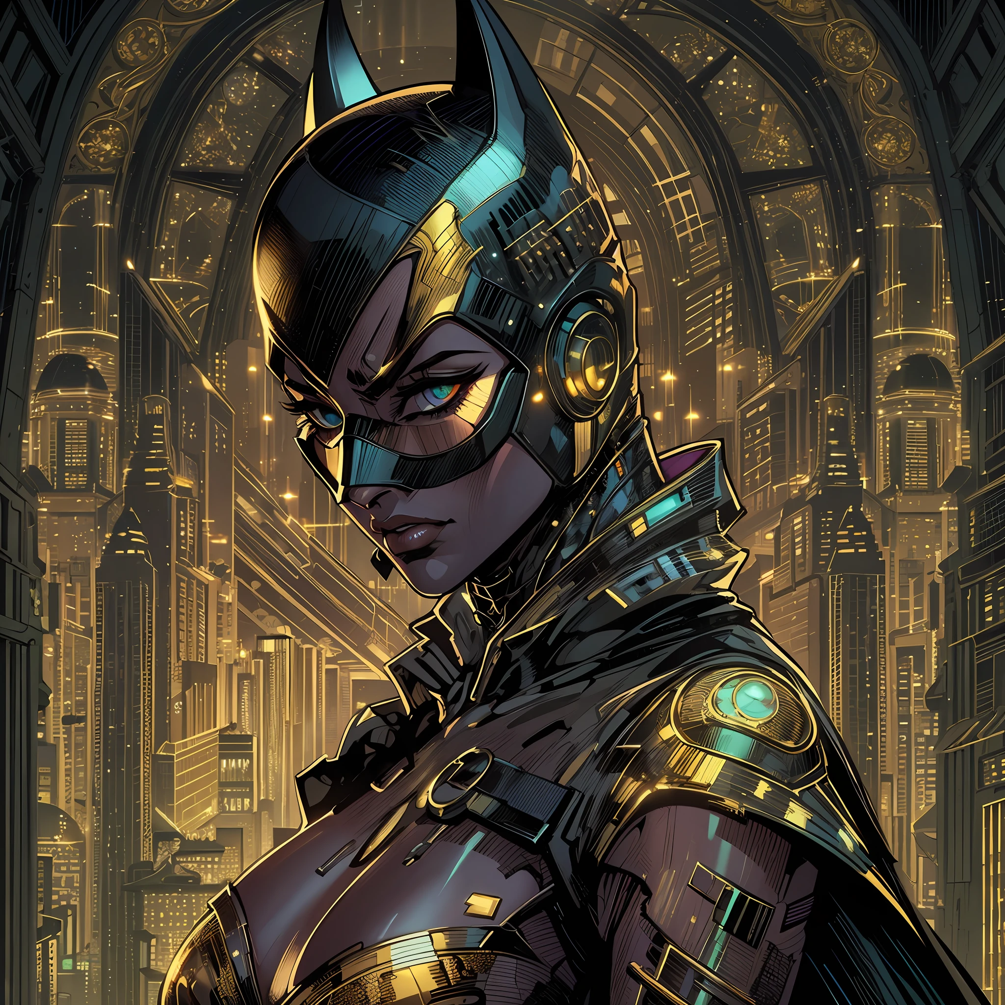 lewd cyberpunk batman as a woman, photo by Yousuf Karsh reimagined as a color manga, chrome silk with intricate ornate weaved golden filiegree, dark and moody and mysterious city night background