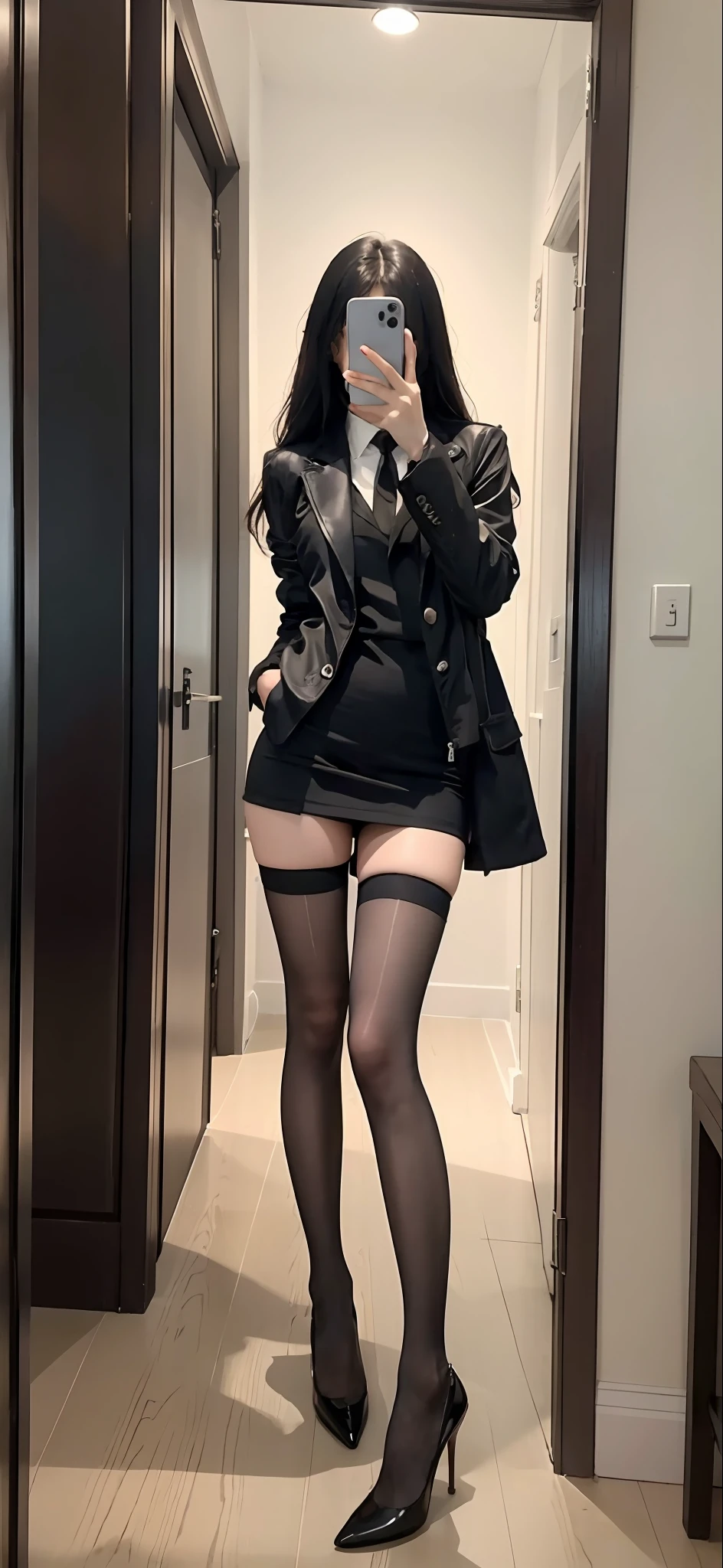There is a woman in a short skirt and jacket taking pictures, thighhighs and skirt, Full legs, wearing dresses, elegant legs, pretty face with arms and legs, very beautiful slim legs, Black skirt, Long legs, Long thin legs, short skirt and a long jacket, legs visible, cute elegant pose, mini-skirts, Miniskirt