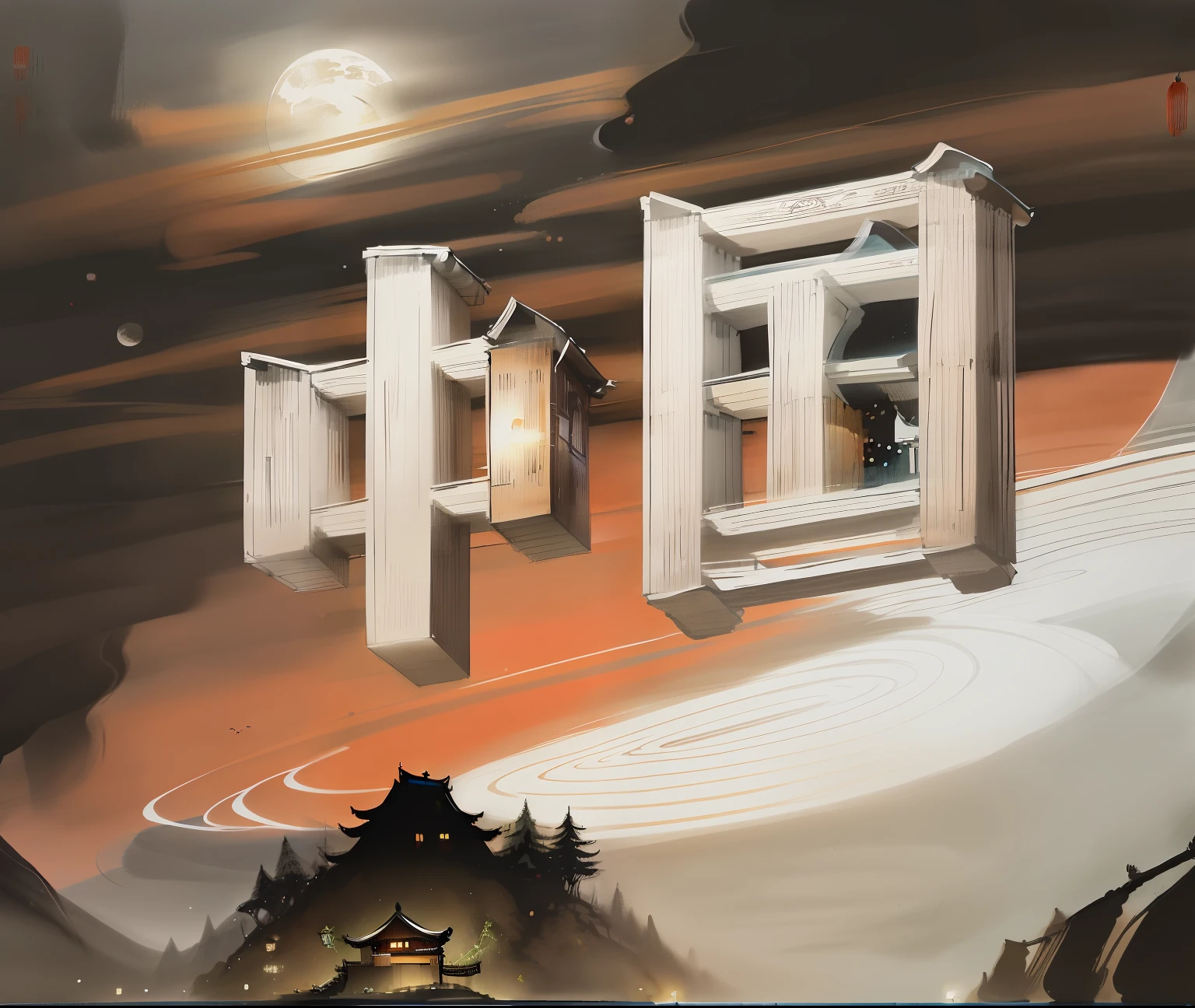 masterpiece,best quality,Chinese martial arts style,an asian night scene with lanterns and water lilies,asian pond with many lanterns and boatsa night scene with many lights and boats in the water, Lake surface, lotus flowers,beautiful night scene,(((Chinese martial arts style))), with vast sky, continuous mountains and steep cliffs, ink wash style, outline light, atmospheric atmosphere, depth of field, mist rising, bamboo, pine trees, octagonal stone pavilion, waterfall flowing water,big full moon,(No color) , Monochrome, light color,